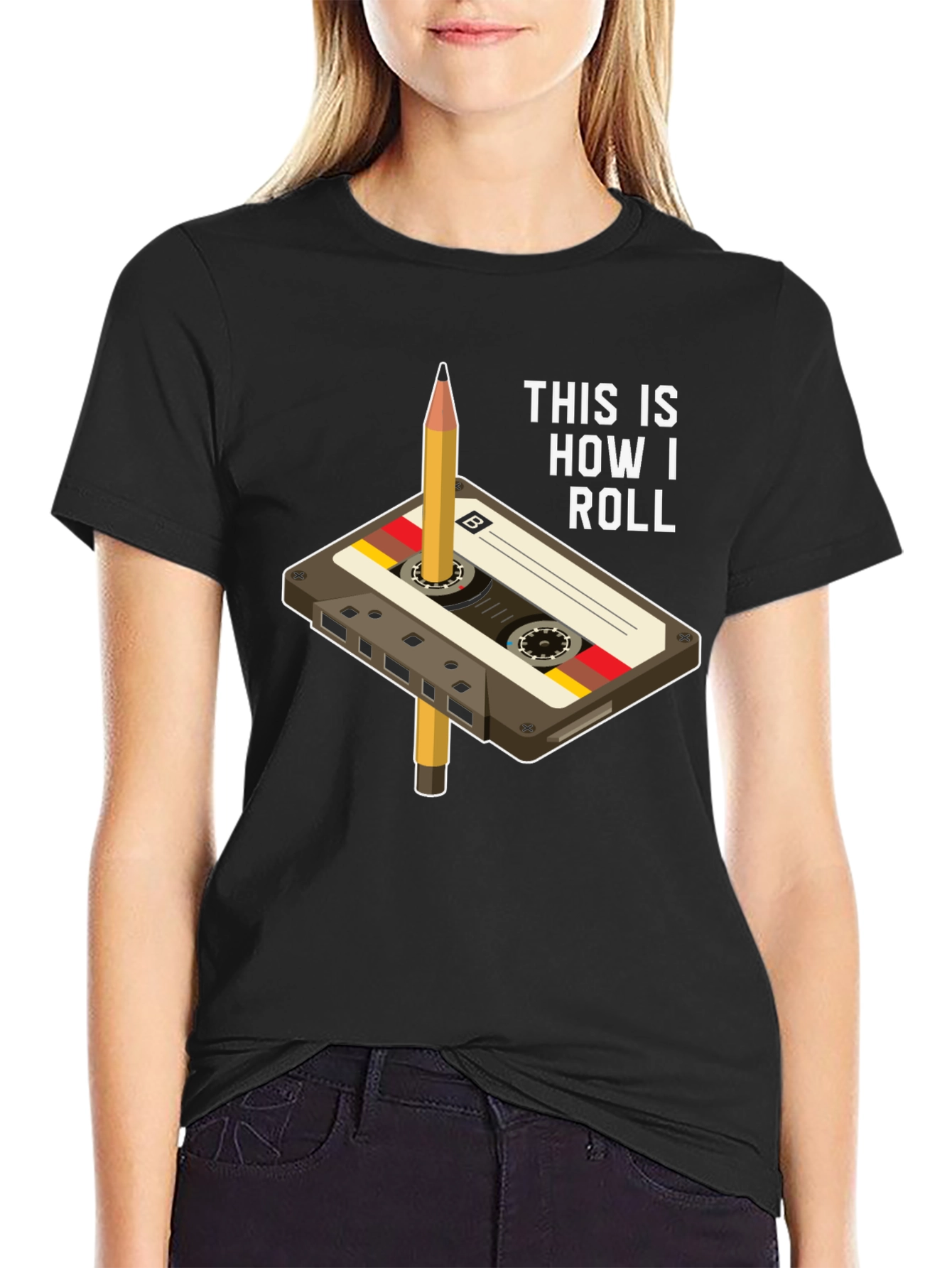 Black Retro Cassette Tape & Pencil T-Shirt - This Is How I Roll view 2