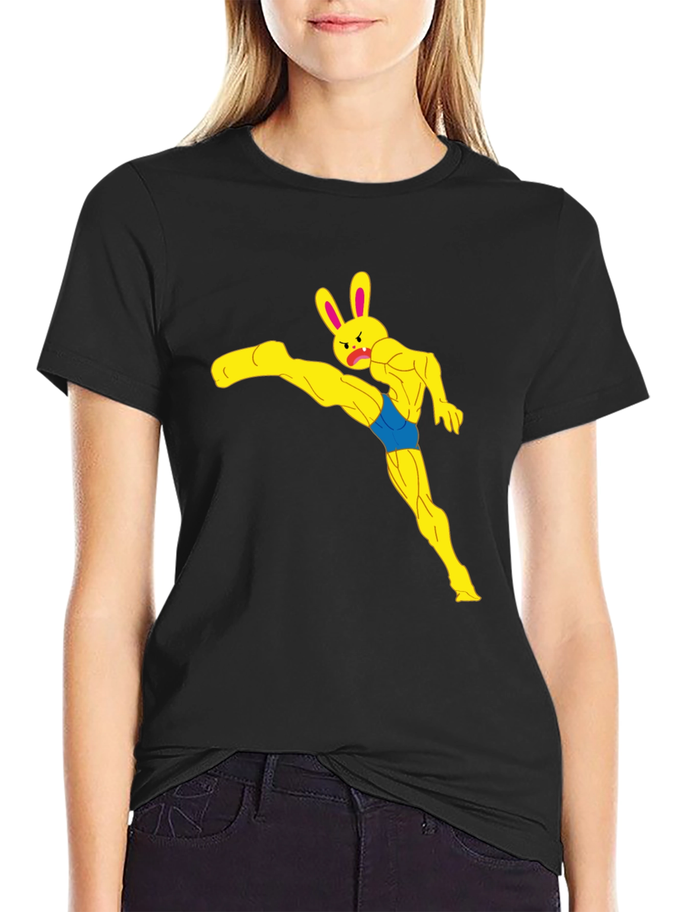 Black Funny Muscle Bunny Graphic Tee - Black view 2