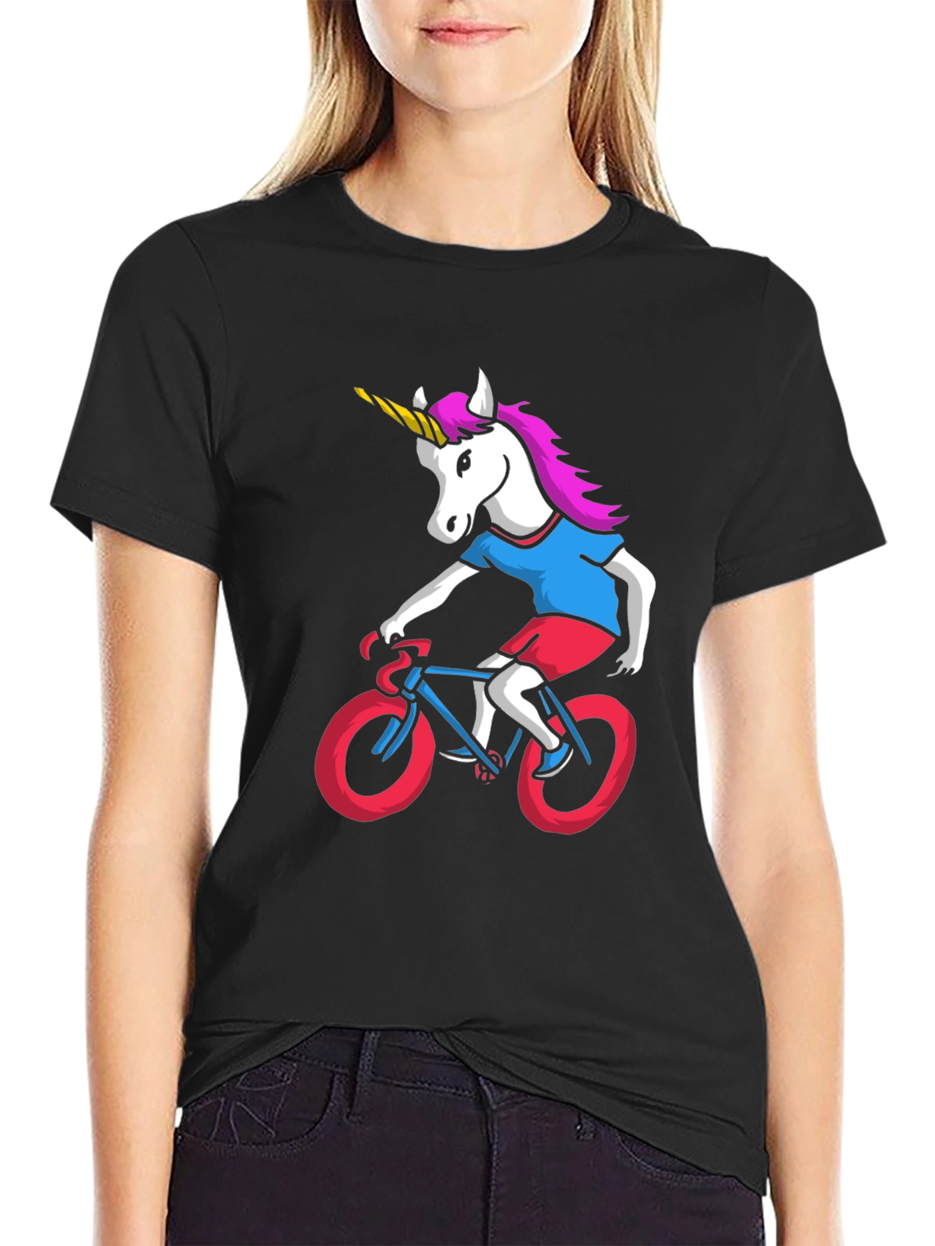 Black Unicorn Riding Bike Graphic Tee view 2