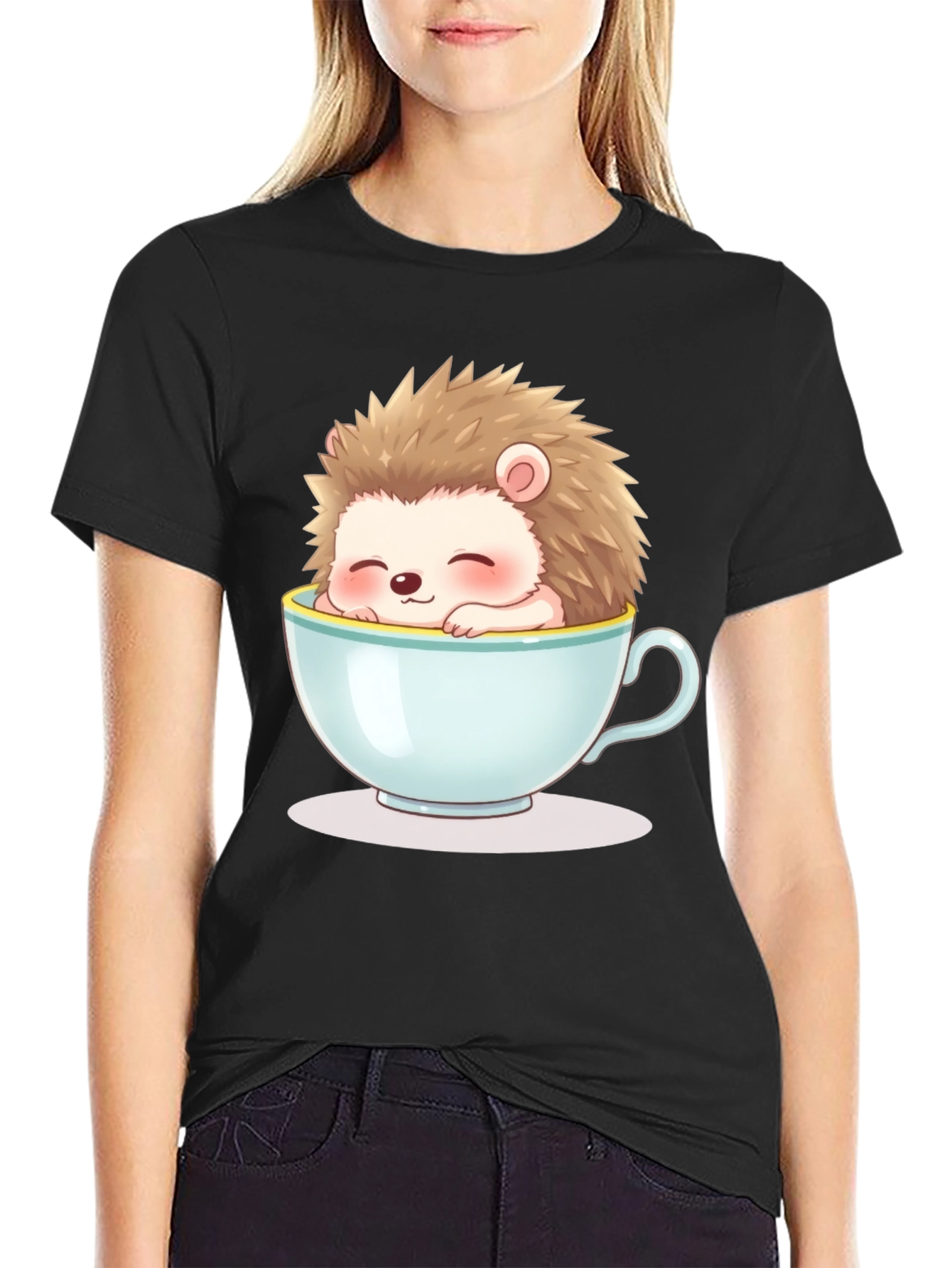 Black Cute Hedgehog in Teacup Graphic Tee - Unisex view 2