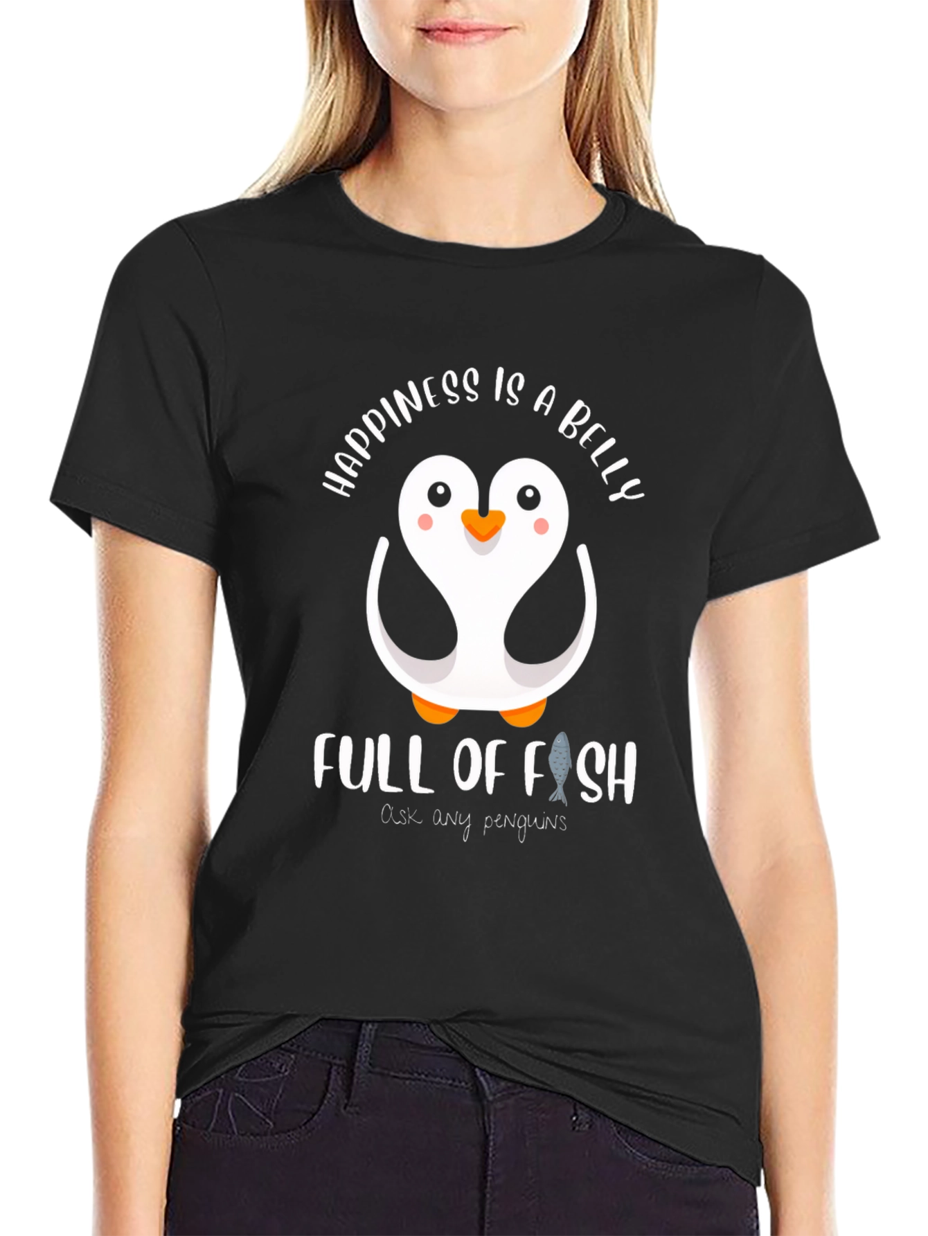 Black Happiness is a Belly Full of Fish Penguin T-Shirt view 2