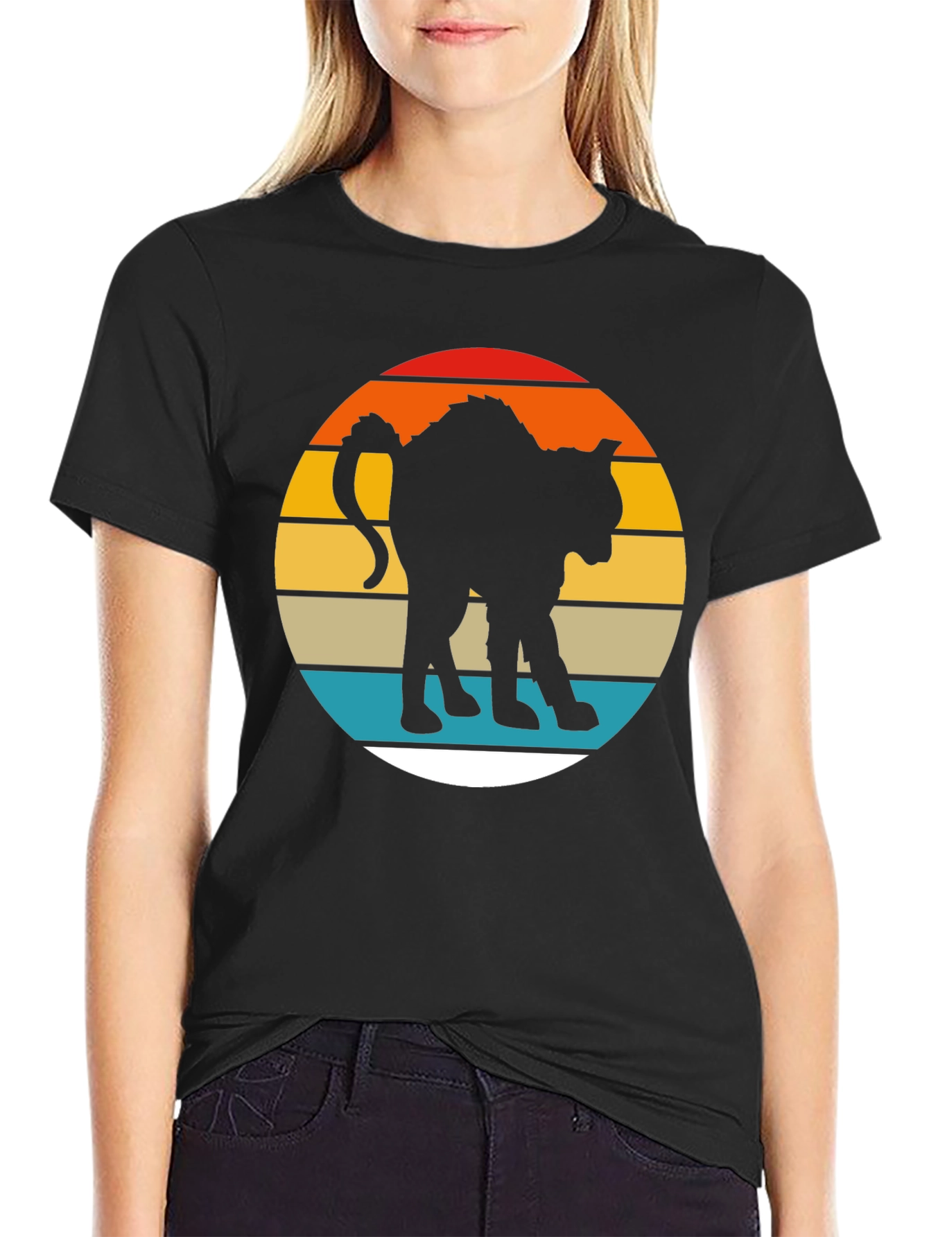 Black Retro Cat Silhouette Graphic Tee - Men's Black T-Shirt view 2