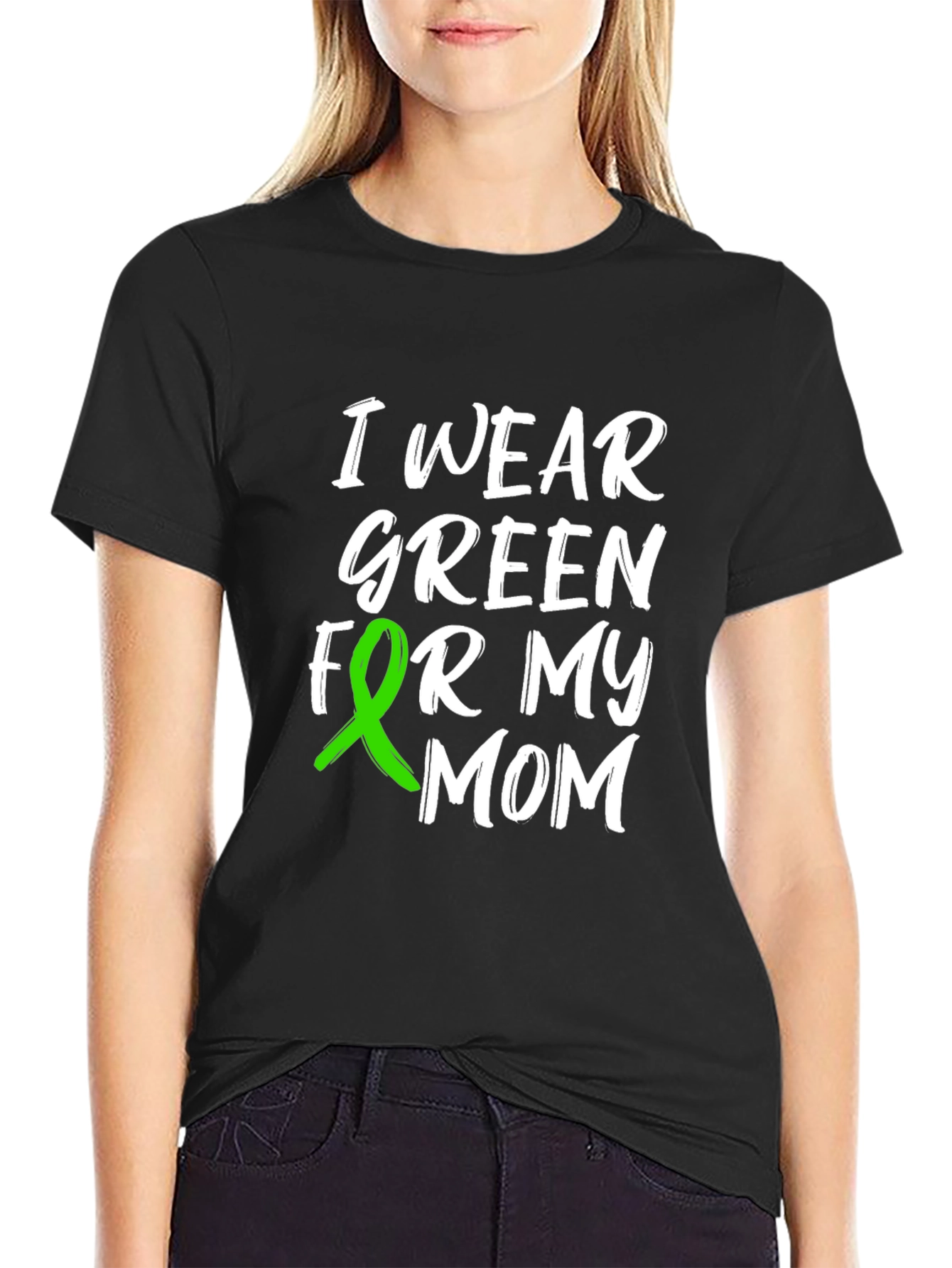 Black I Wear Green For My Mom Awareness T-Shirt view 2
