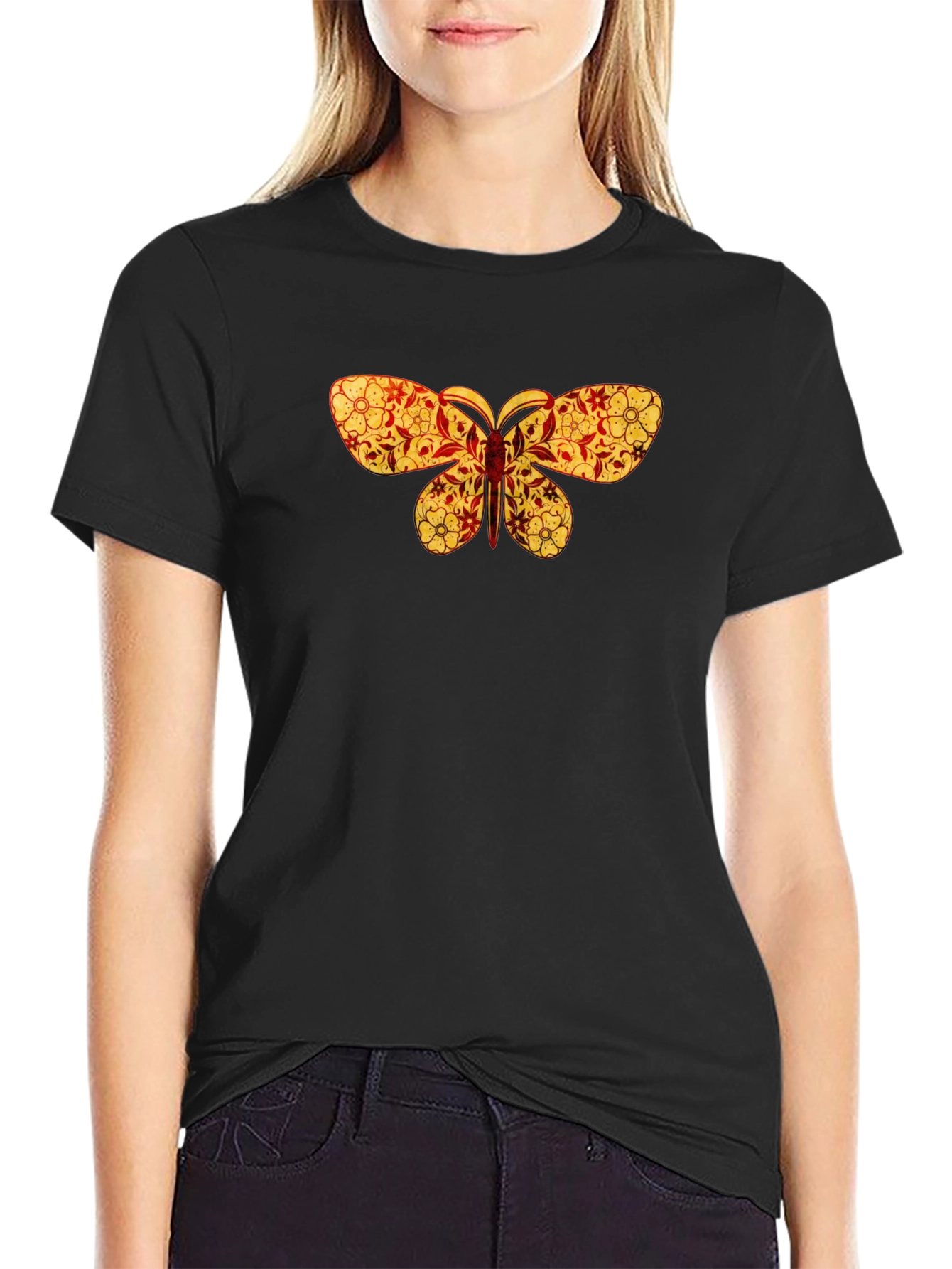 Black Floral Butterfly Print Black T-Shirt view 2
