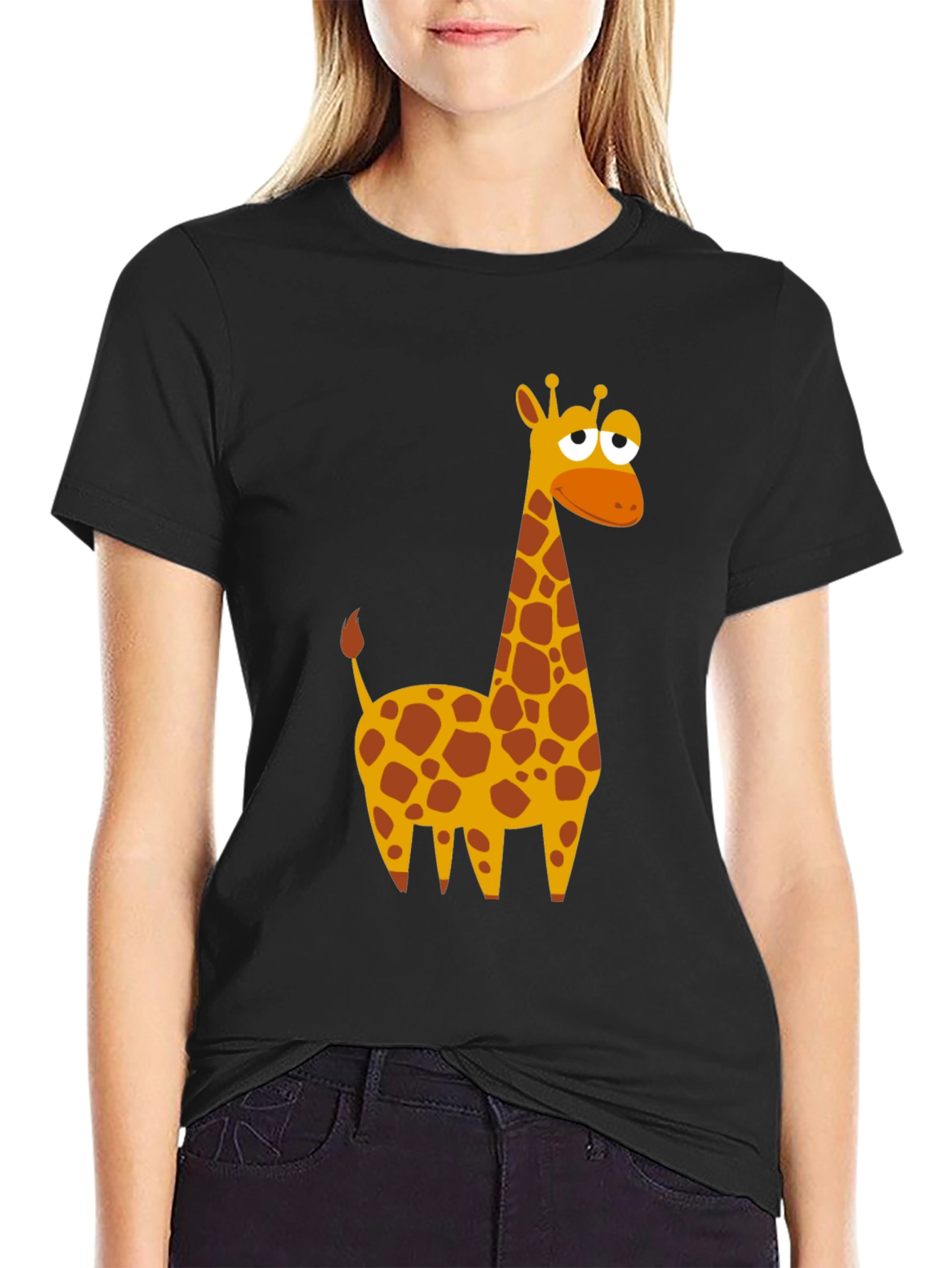 Black Cartoon Giraffe Graphic T-Shirt - Black view 2