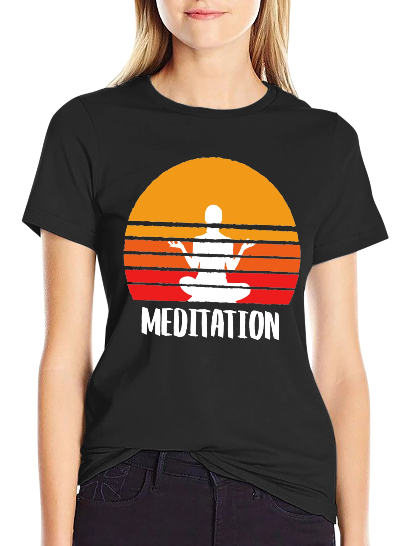 Black Meditation T-Shirt - Zen Sunset Design view 2