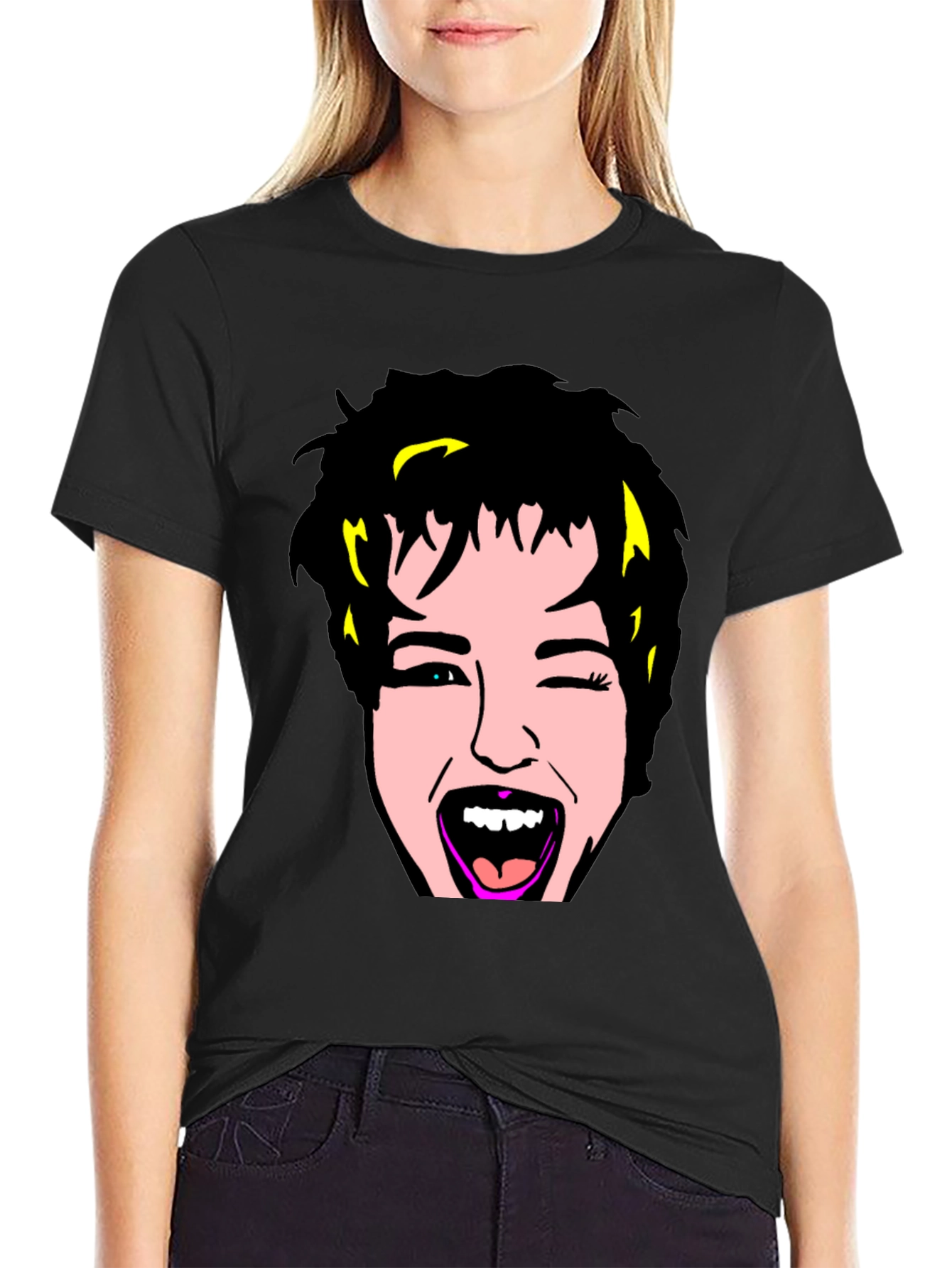 Black Winking Face Graphic Tee - Black Cotton Blend view 2