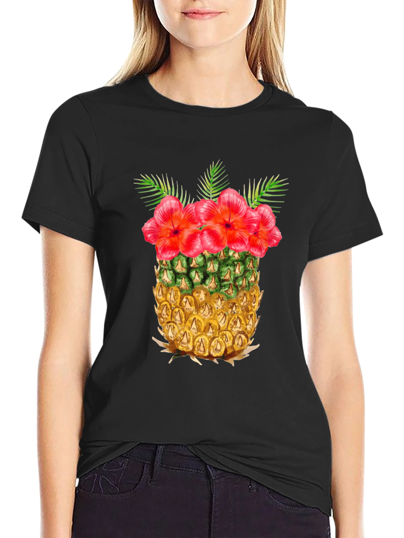 Black Tropical Pineapple Floral T-Shirt view 2