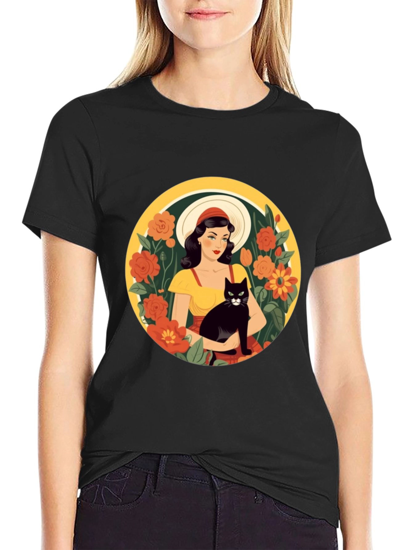 Black Woman with Cat T-Shirt - Retro Style view 2