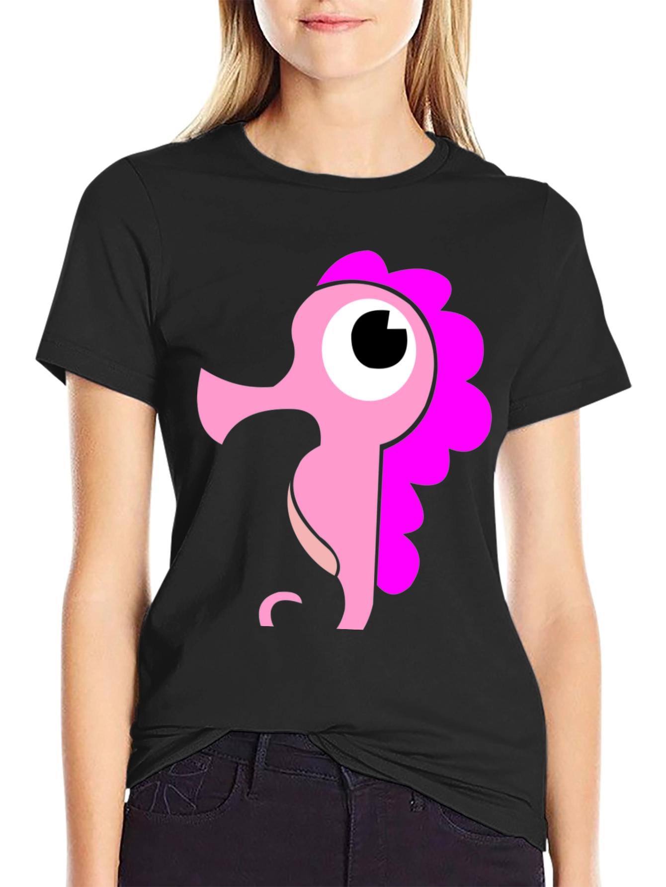 Black Cute Seahorse Graphic Tee - Black Cotton Shirt view 2