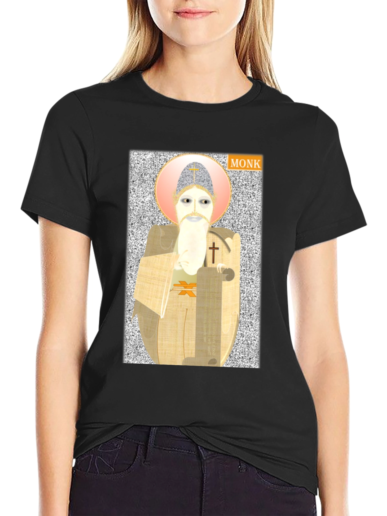 Black Monk Graphic Print T-Shirt - Unique Design view 2