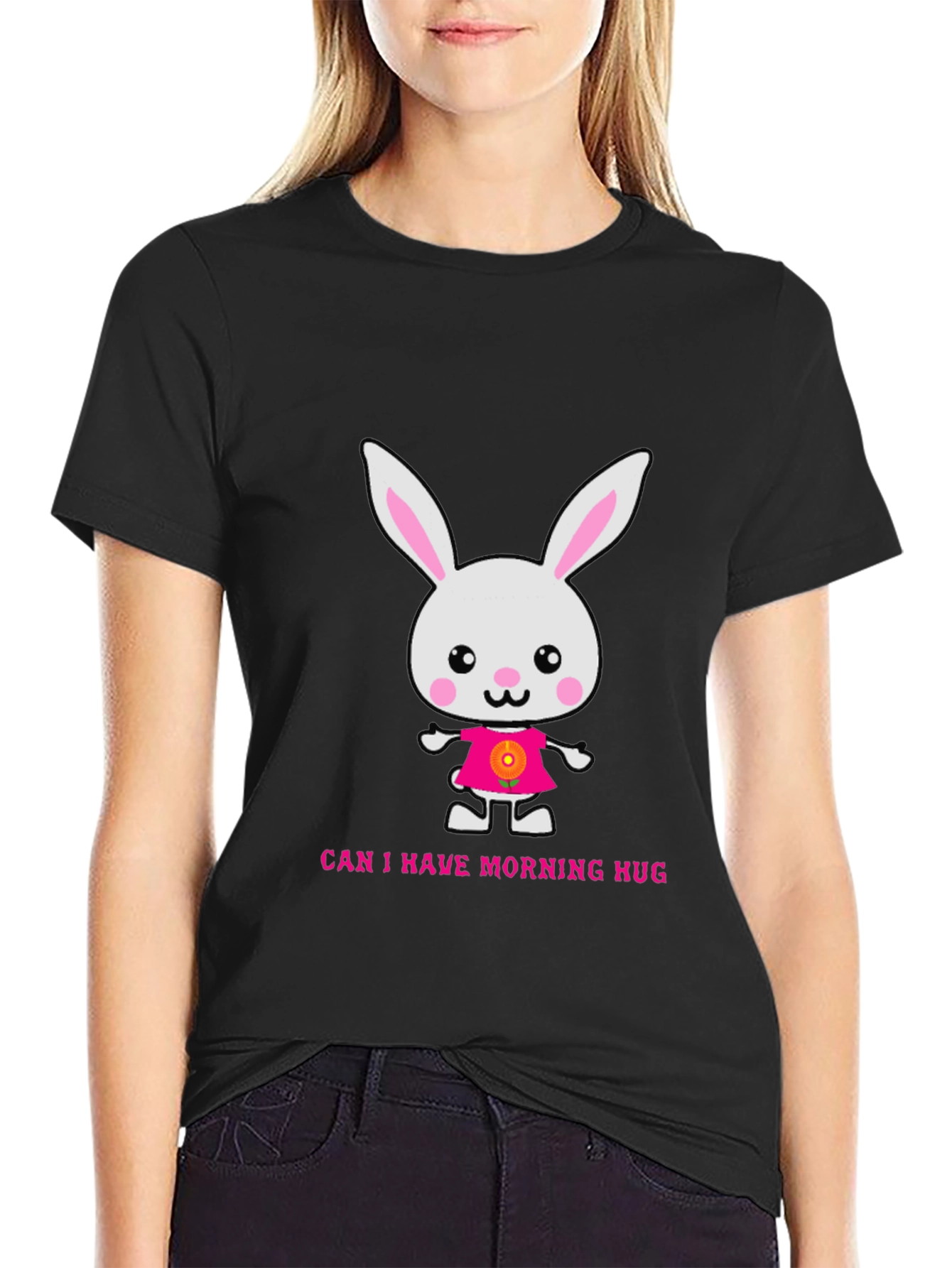 Black Cute Bunny Morning Hug T-Shirt view 2