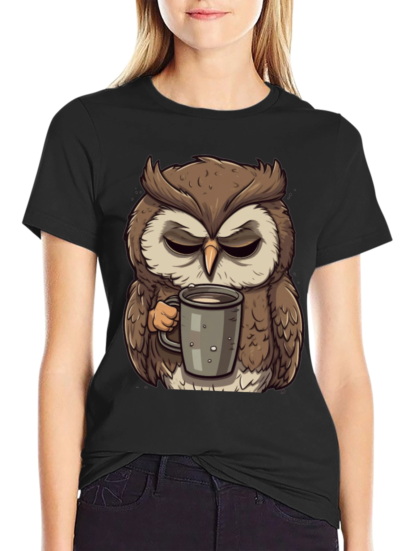 Black Grumpy Owl Coffee T-Shirt - Cute Cartoon Tee view 2