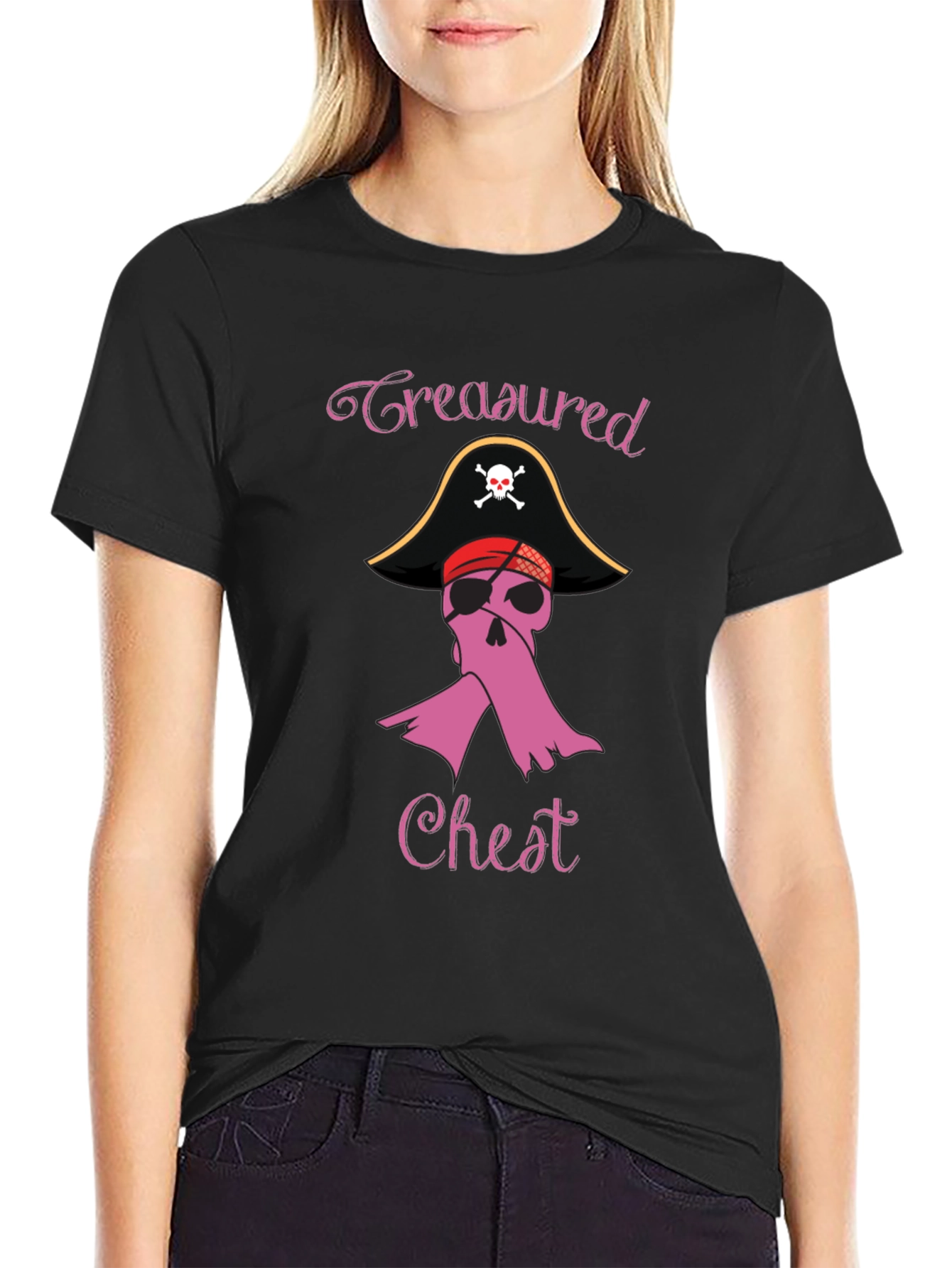 Black Treasured Chest Pirate Breast Cancer Awareness T-Shirt view 2