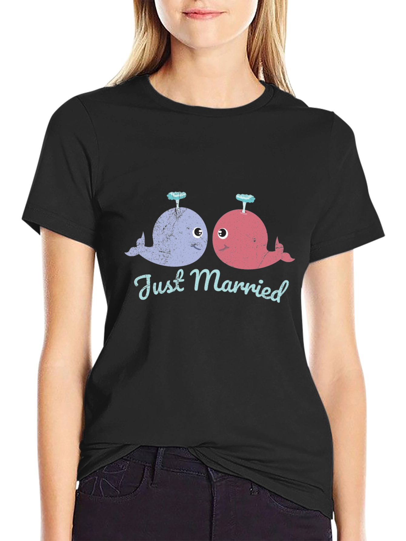 Black Just Married Whale T-Shirt - Cute Couple Tee view 2