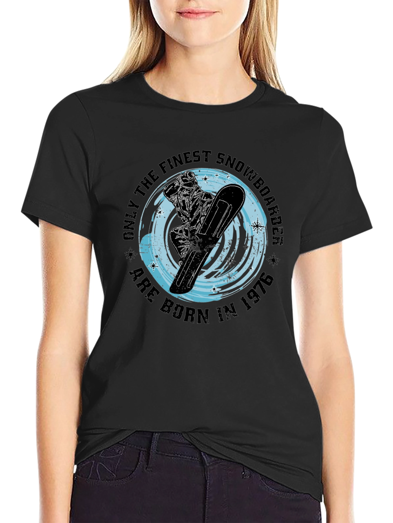 Black Finest Snowboarder Born in 1976 Black T-Shirt view 2