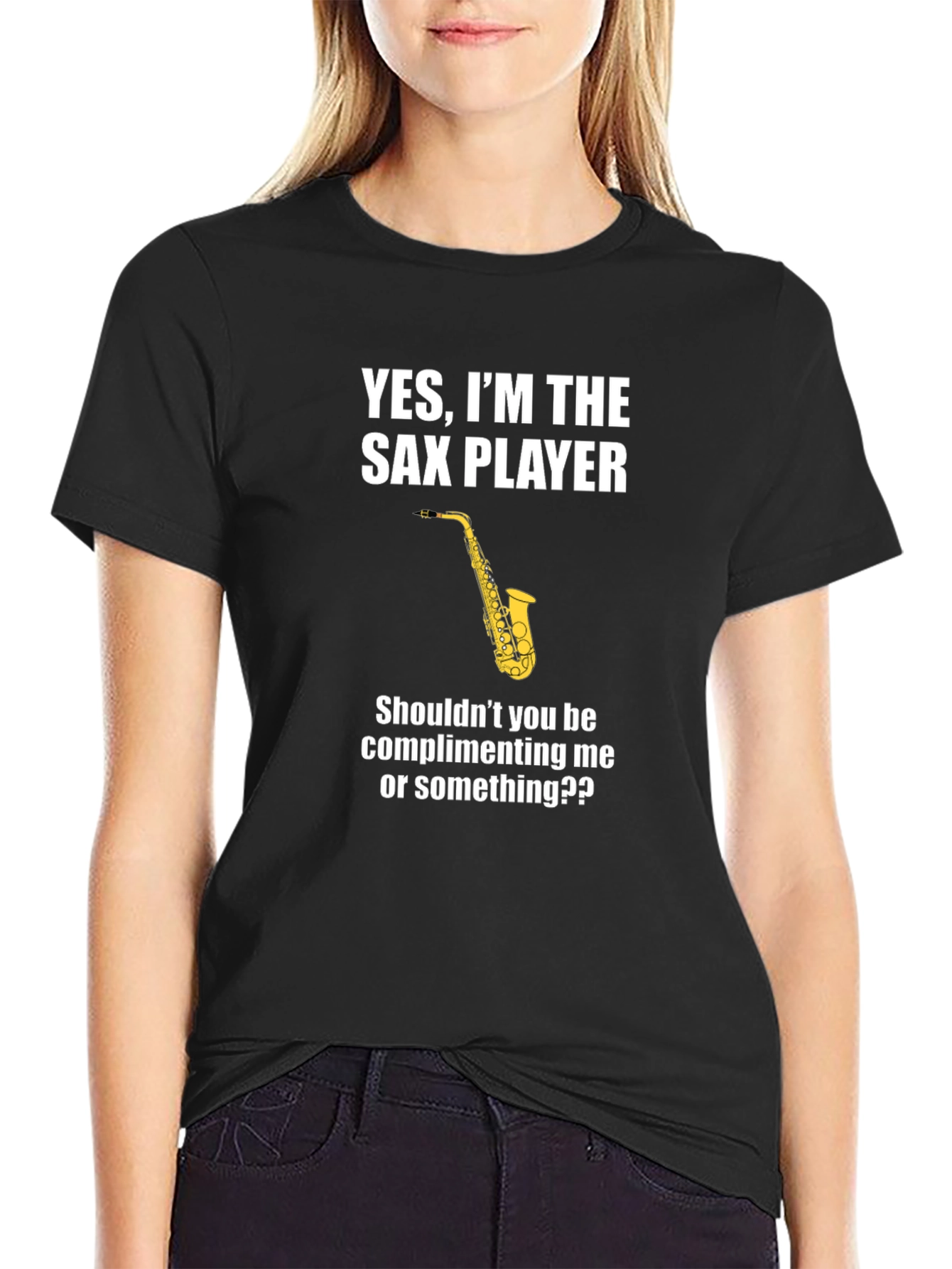 Black Sax Player T-Shirt - Humorous Musical Tee view 2