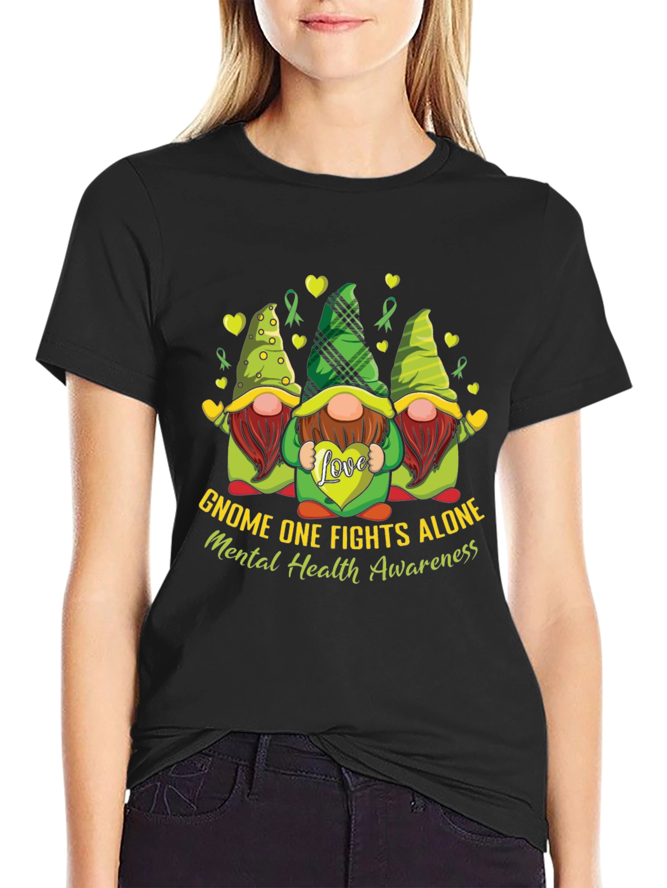 Black Gnome One Fights Alone Mental Health Awareness T-Shirt view 2