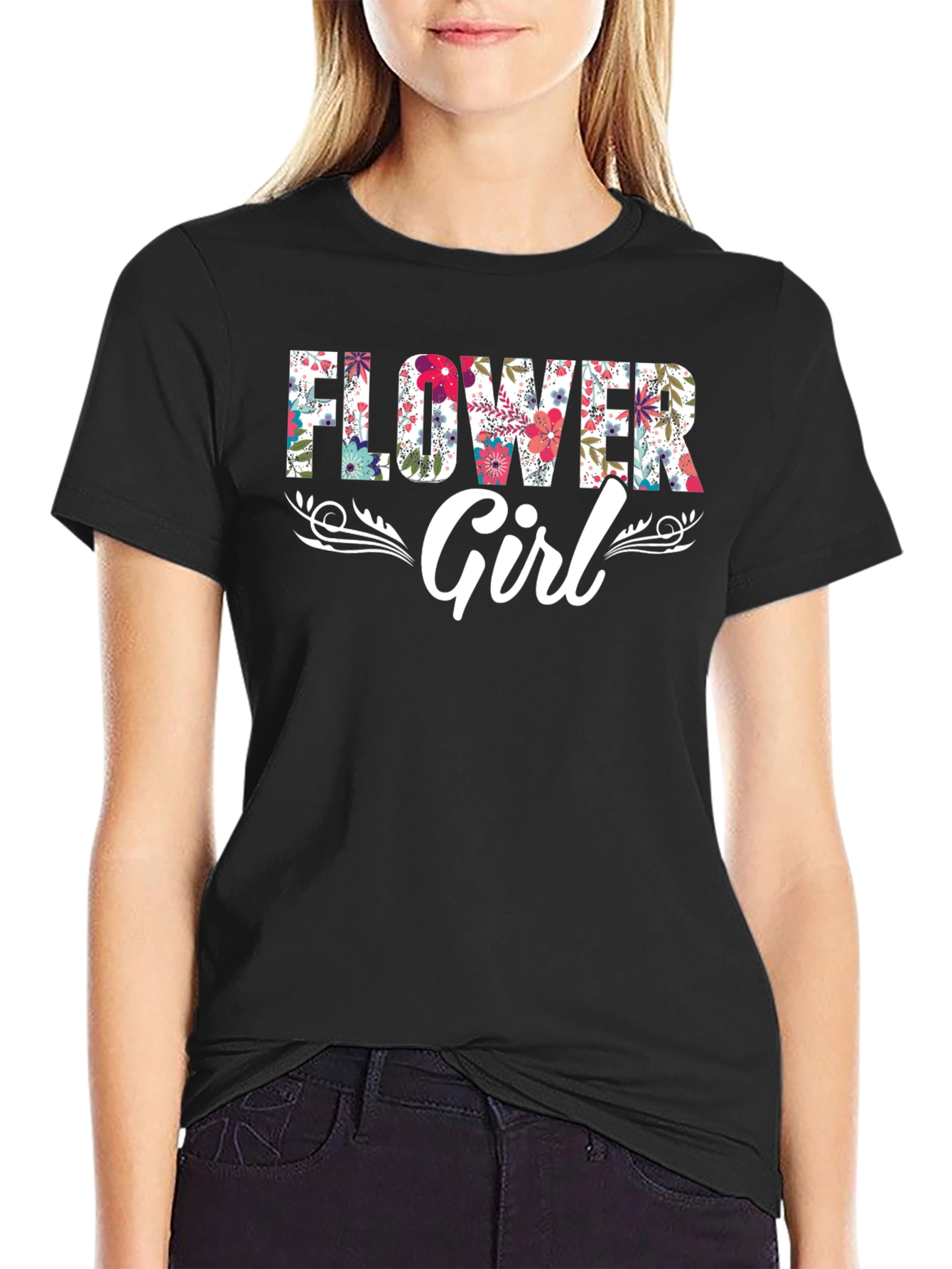 Black Flower Girl Floral Graphic T-Shirt view 2