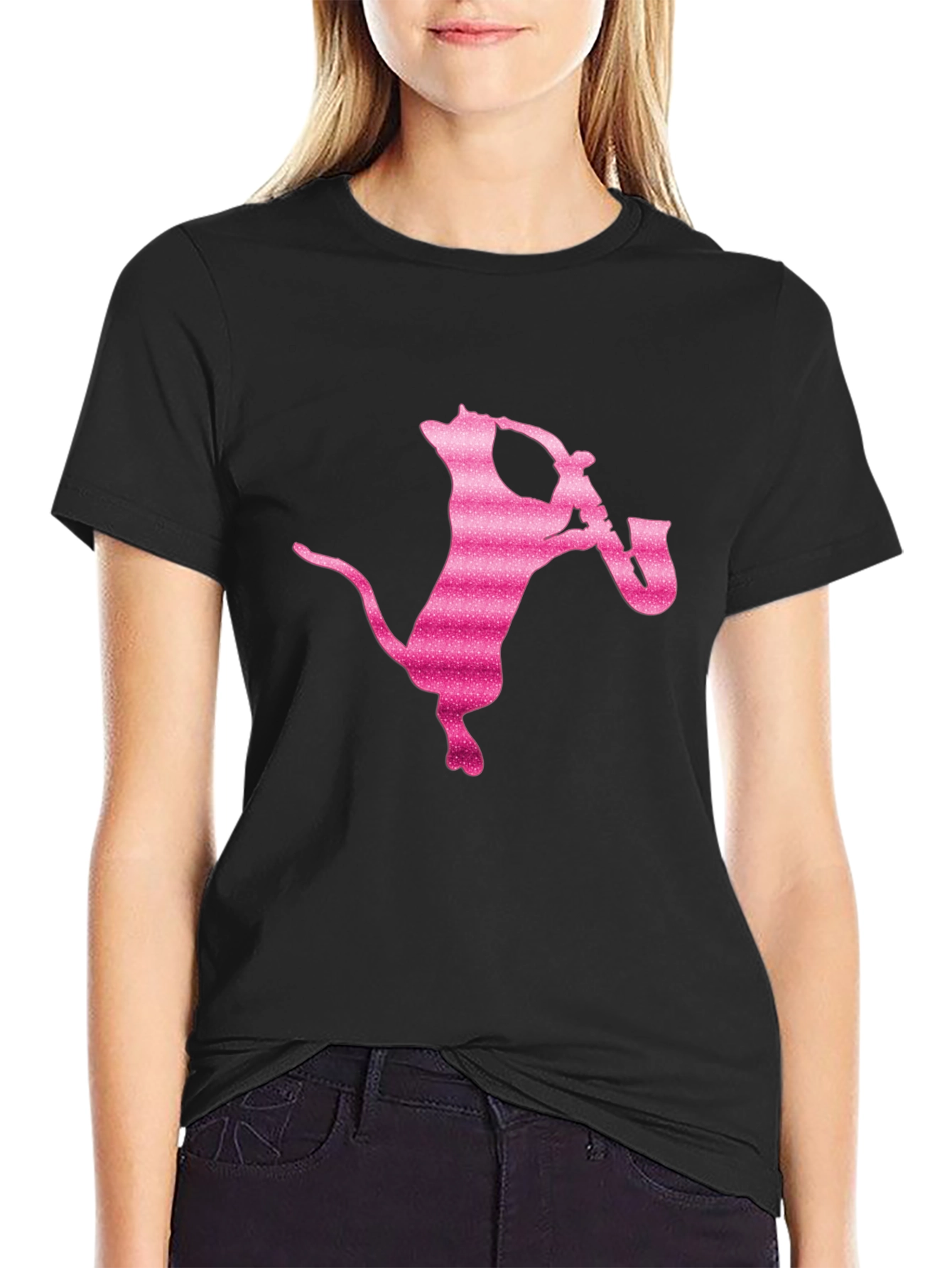 Black Cool Cat Saxophone T-Shirt - Black view 2