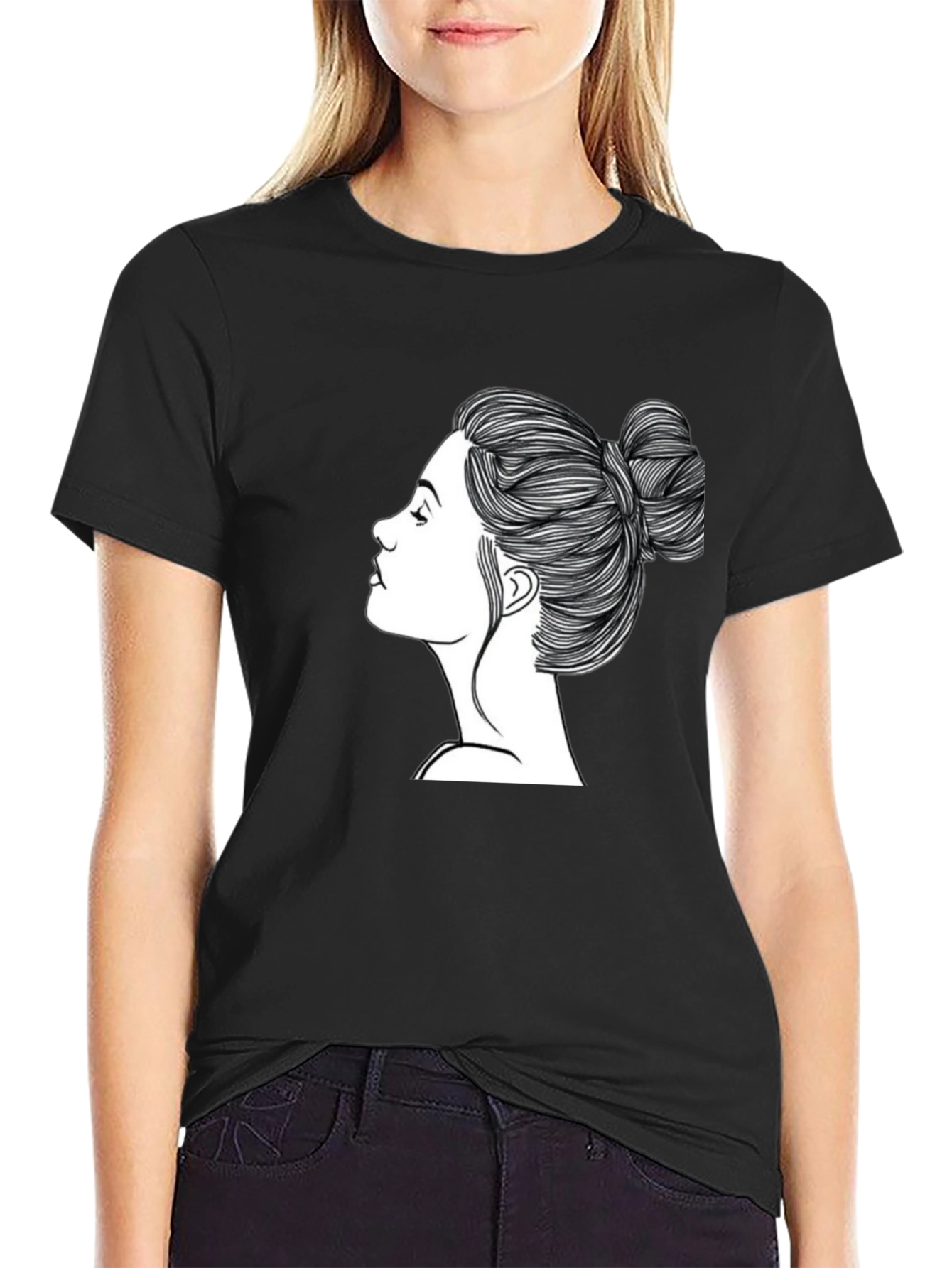 Black Black T-Shirt with Woman's Hair Bun Design view 2