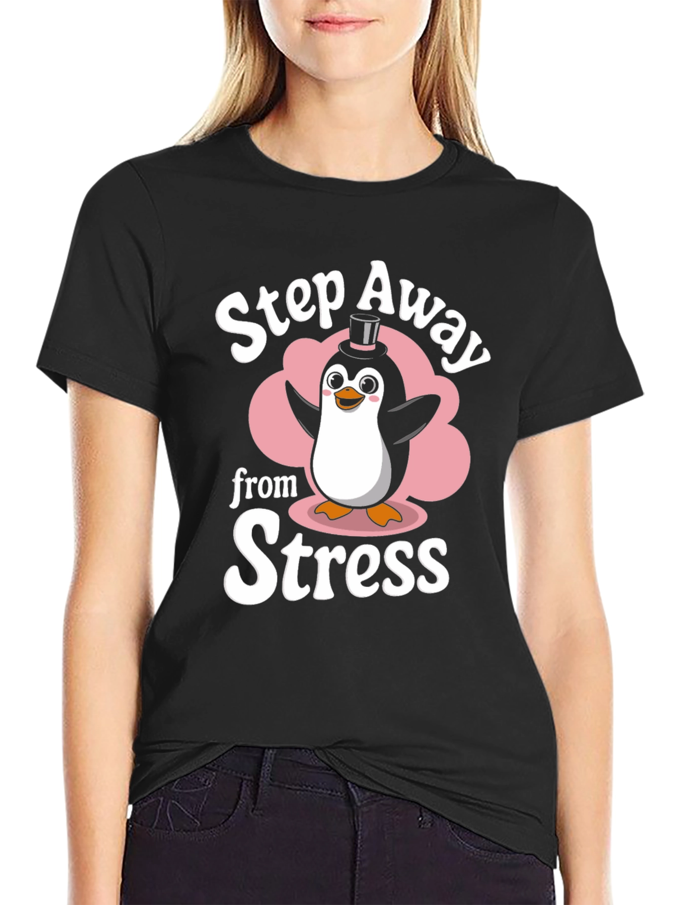 Black Step Away from Stress Penguin Graphic T-Shirt view 2