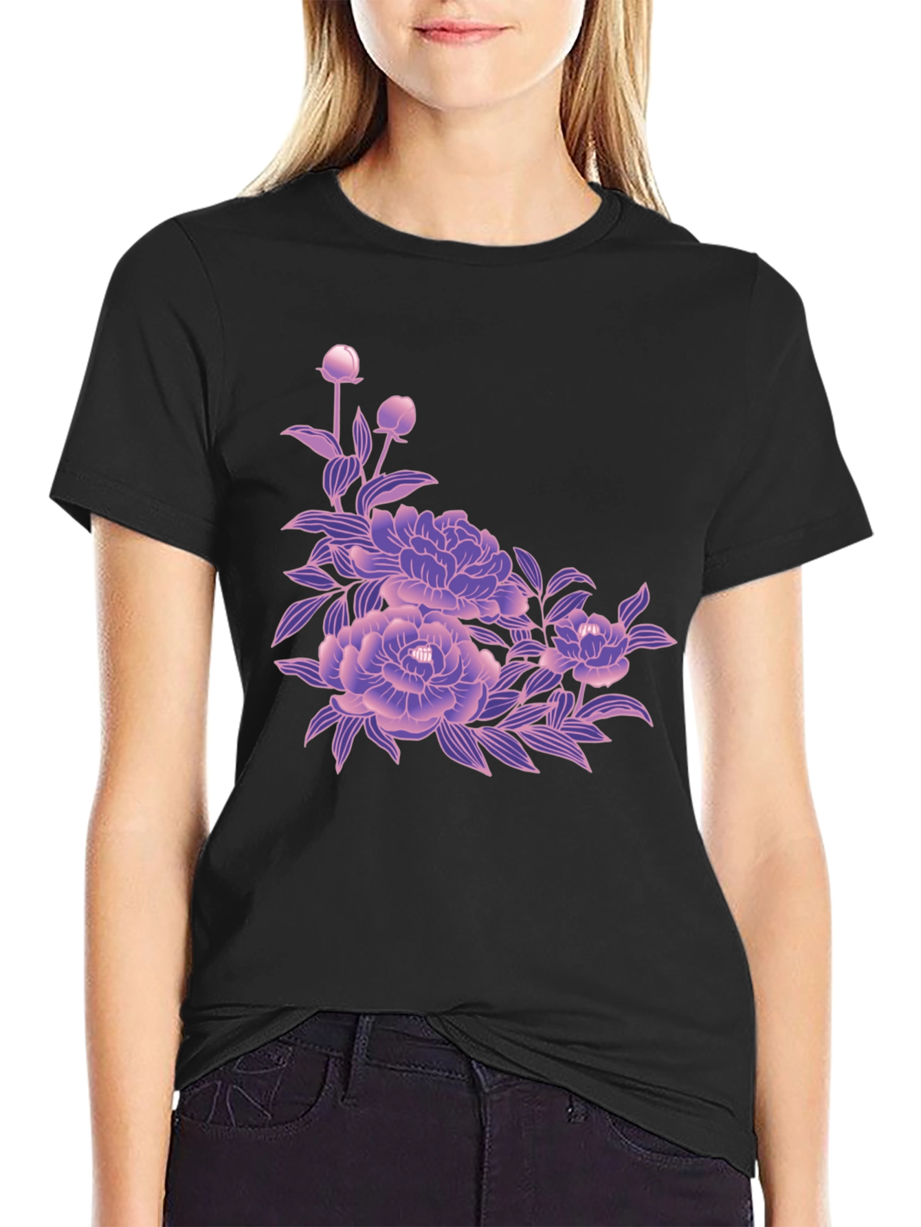 Black Black Tee with Floral Blossom Design view 2