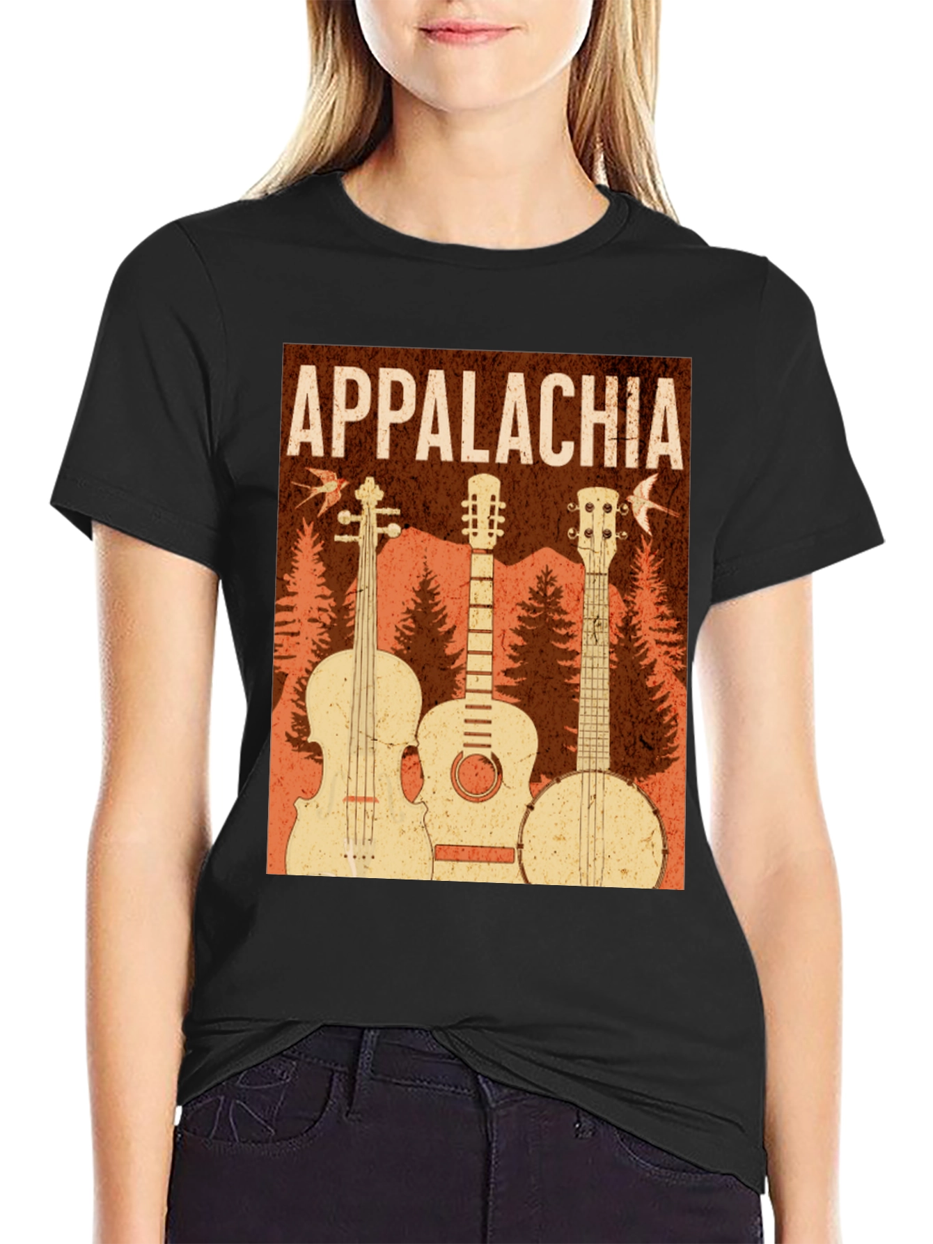 Black Appalachia Music T-Shirt: Vintage Guitar, Banjo & Fiddle view 2