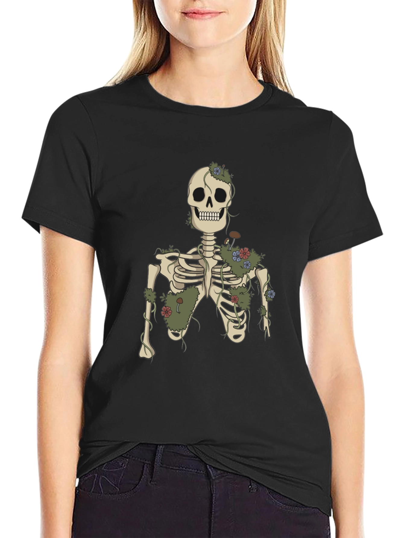 Black Floral Skeleton Graphic Tee - Black Cotton view 2
