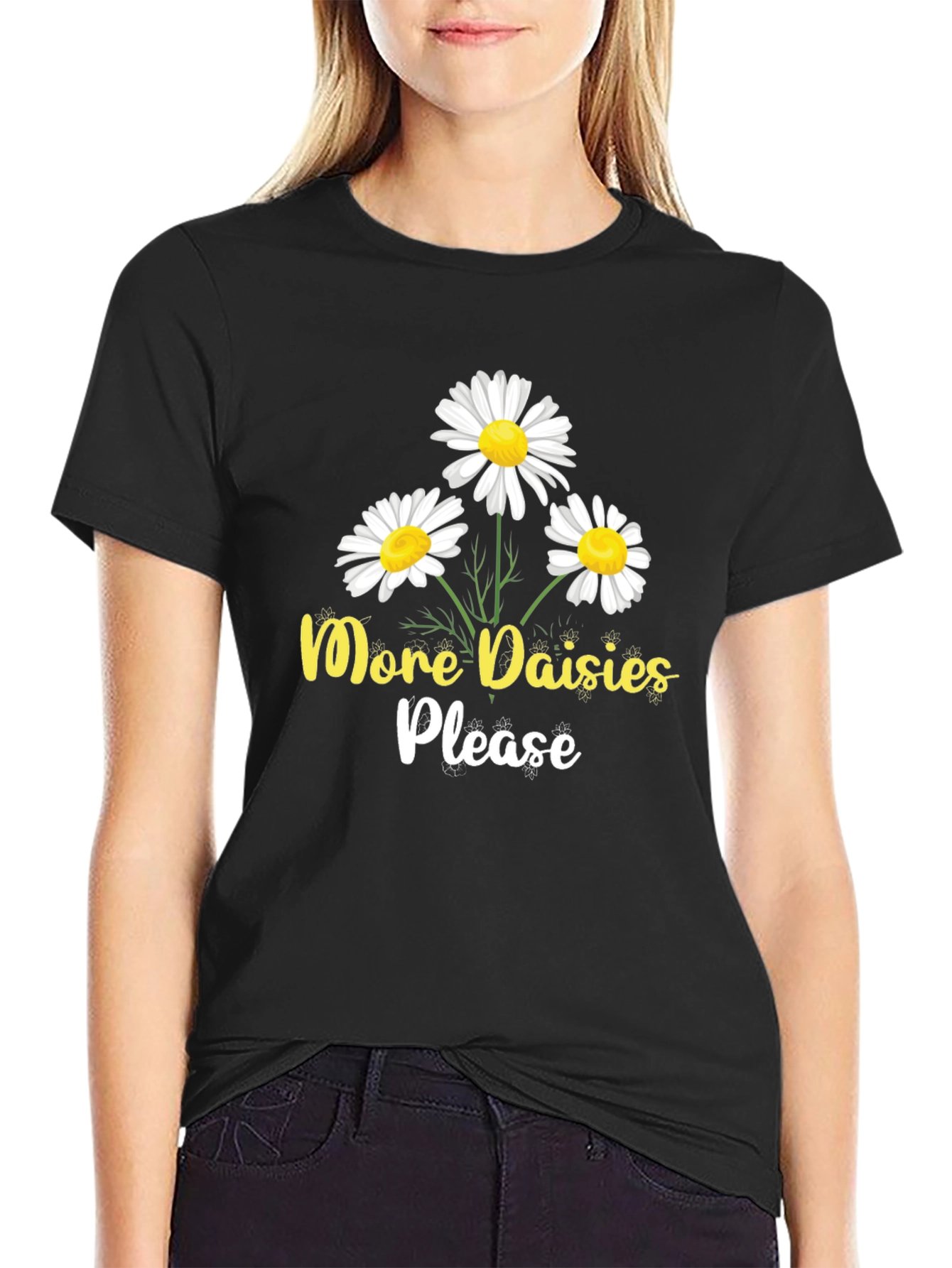 Black More Daisies Please Black T-Shirt view 2
