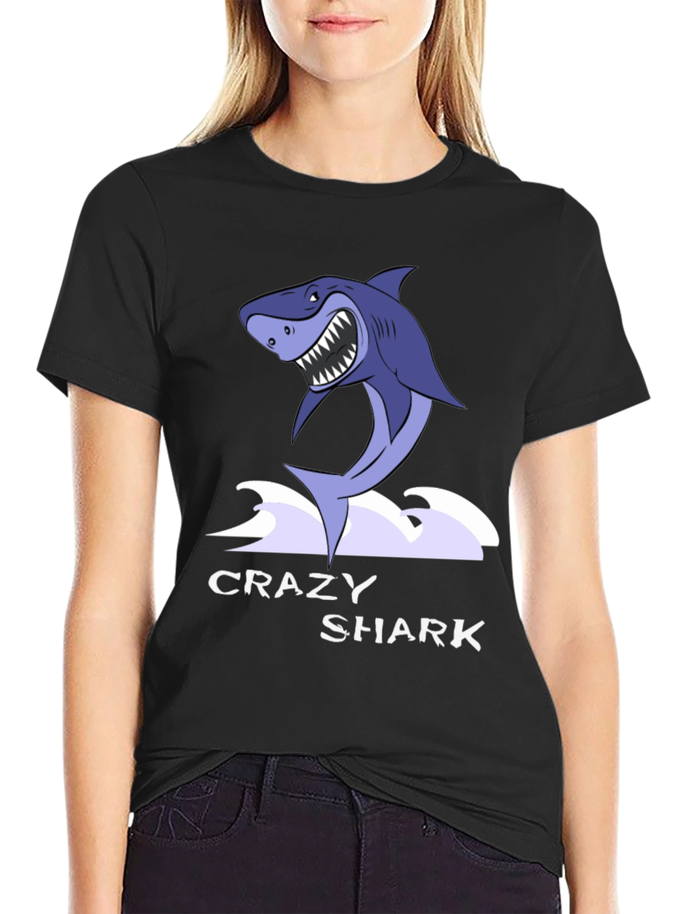 Black Crazy Shark Graphic Tee - Black Cotton T-Shirt view 2