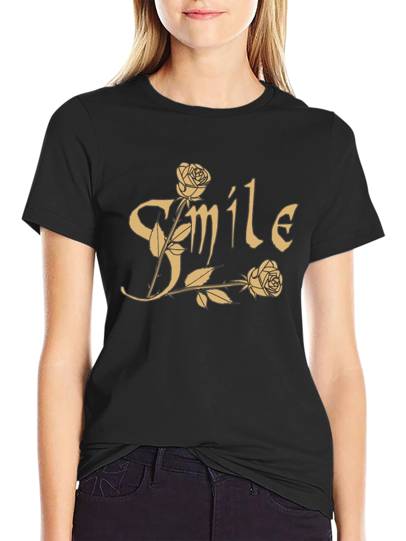 Black Smile Roses Graphic T-Shirt - Casual Cotton Tee view 2