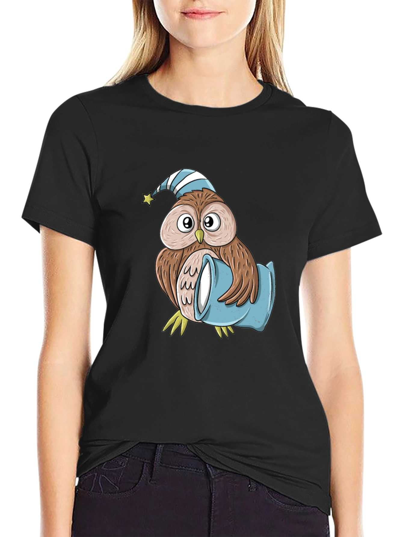 Black Cute Owl Pajama T-Shirt view 2
