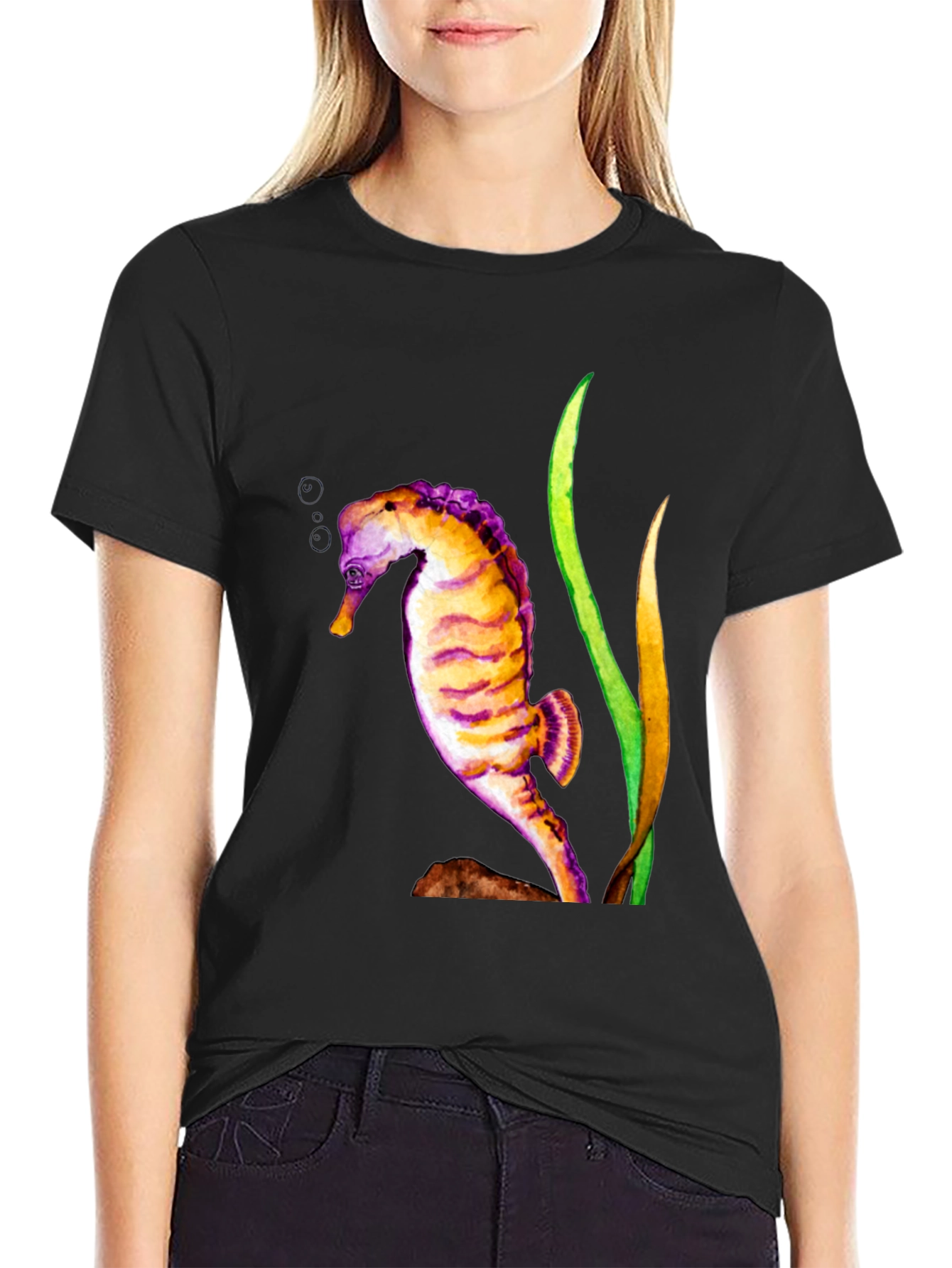Black Seahorse Graphic Black T-Shirt view 2