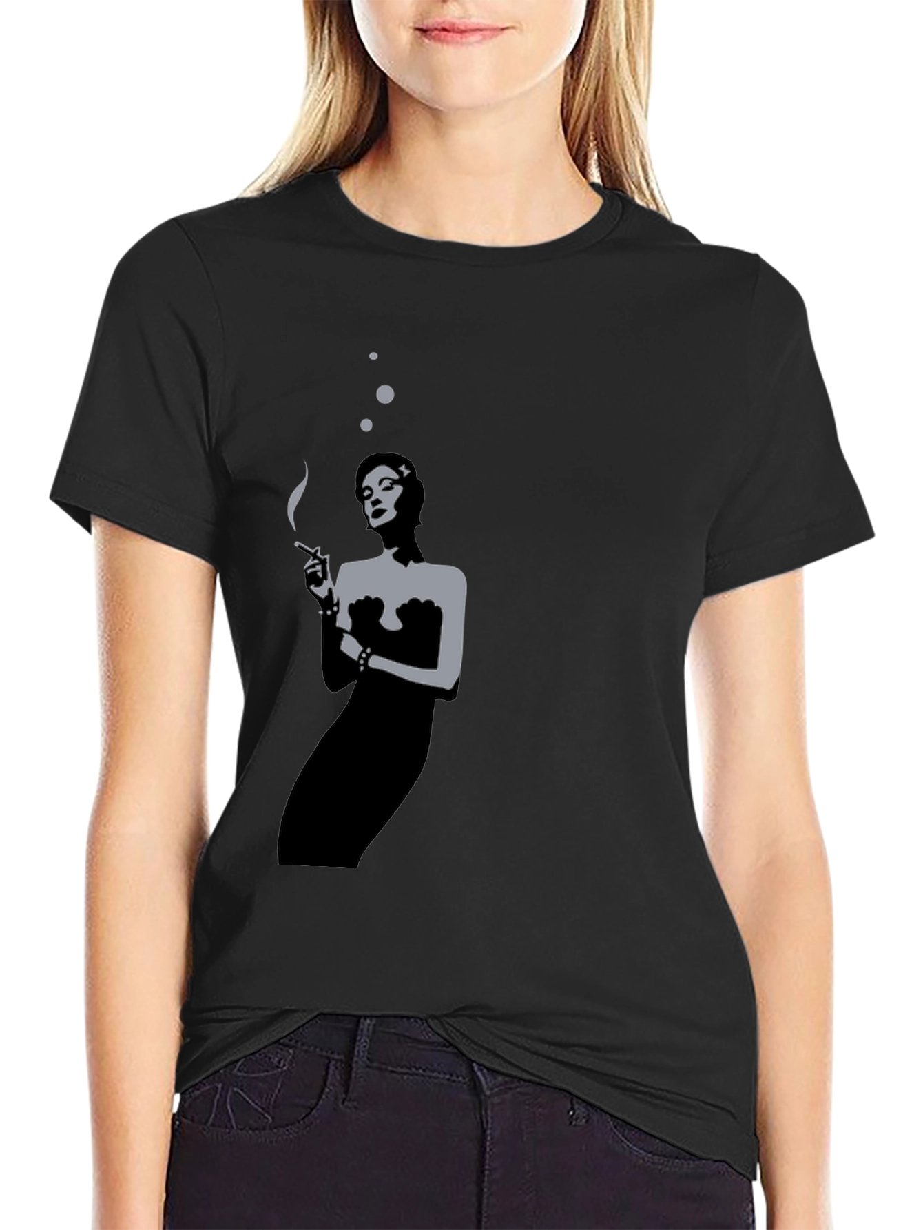 Black Retro Smoking Woman Black T-Shirt view 2