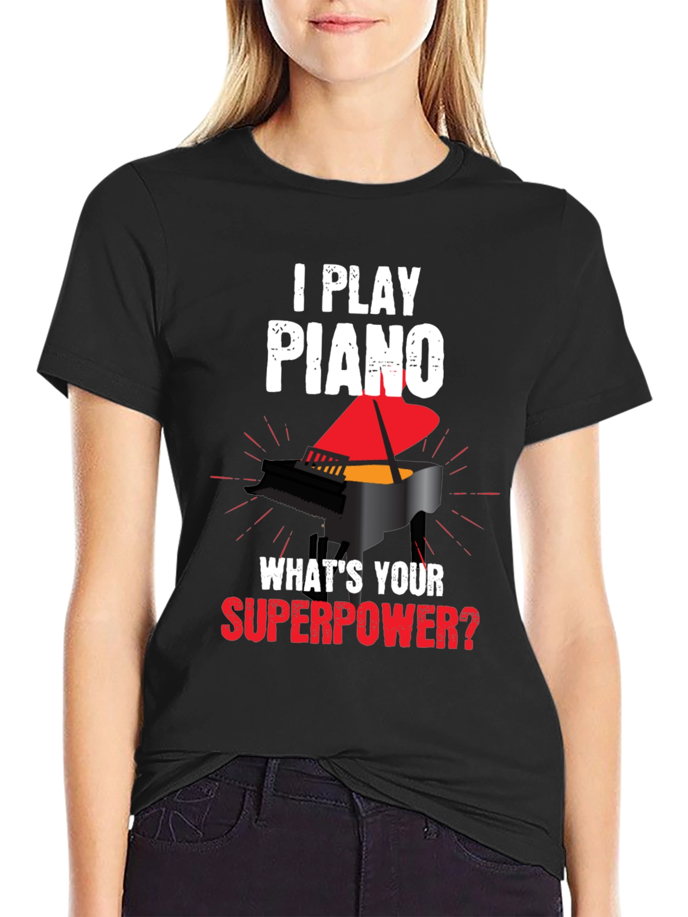 Black I Play Piano Superpower Graphic T-Shirt view 2