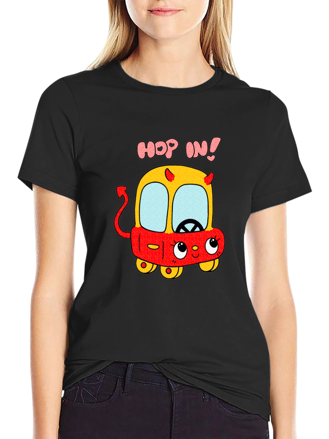 Black Funny Cartoon Devil Car T-Shirt - Hop In! view 2