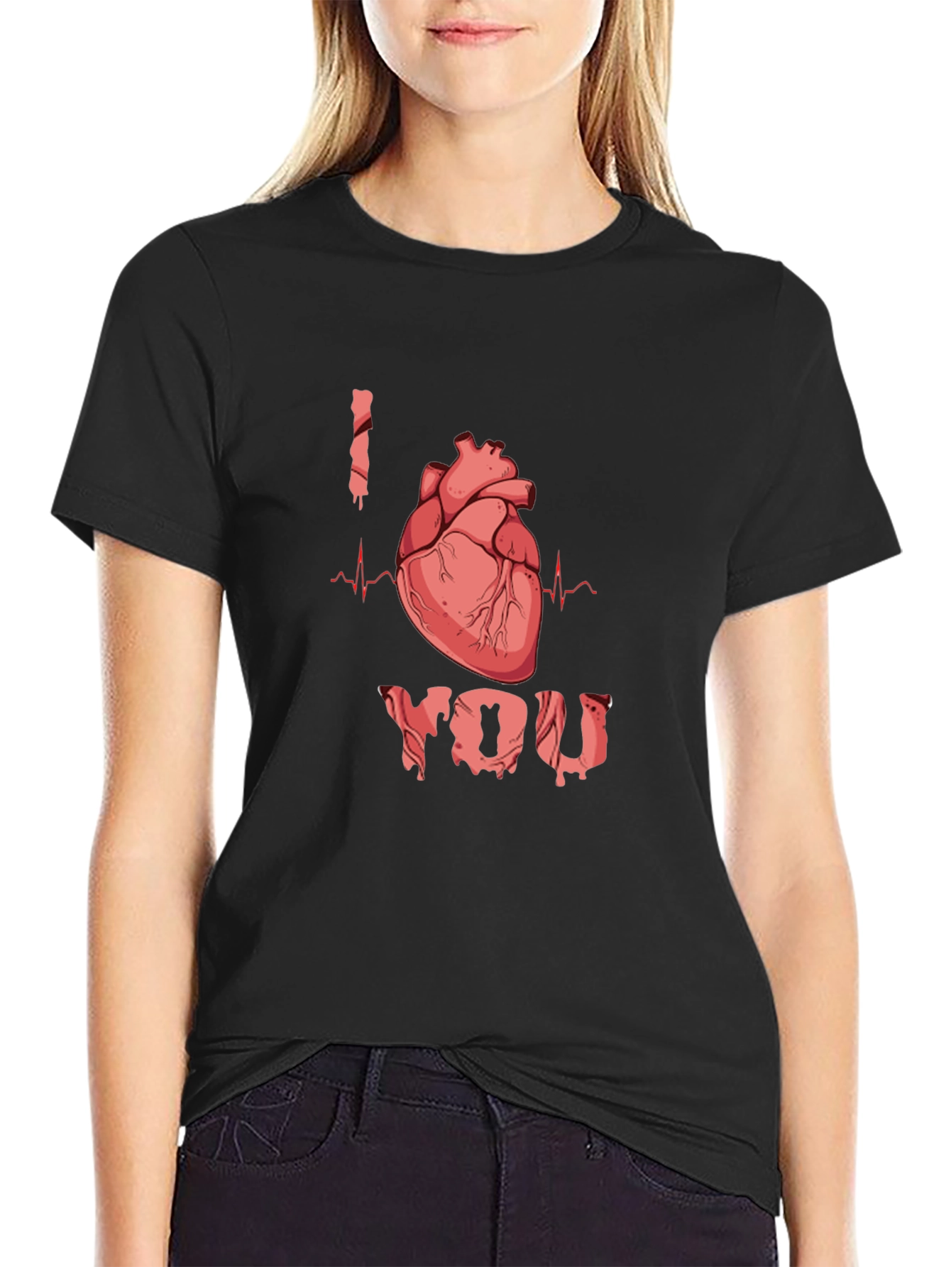 Black I Heart You T-Shirt - Anatomical Heart Design view 2
