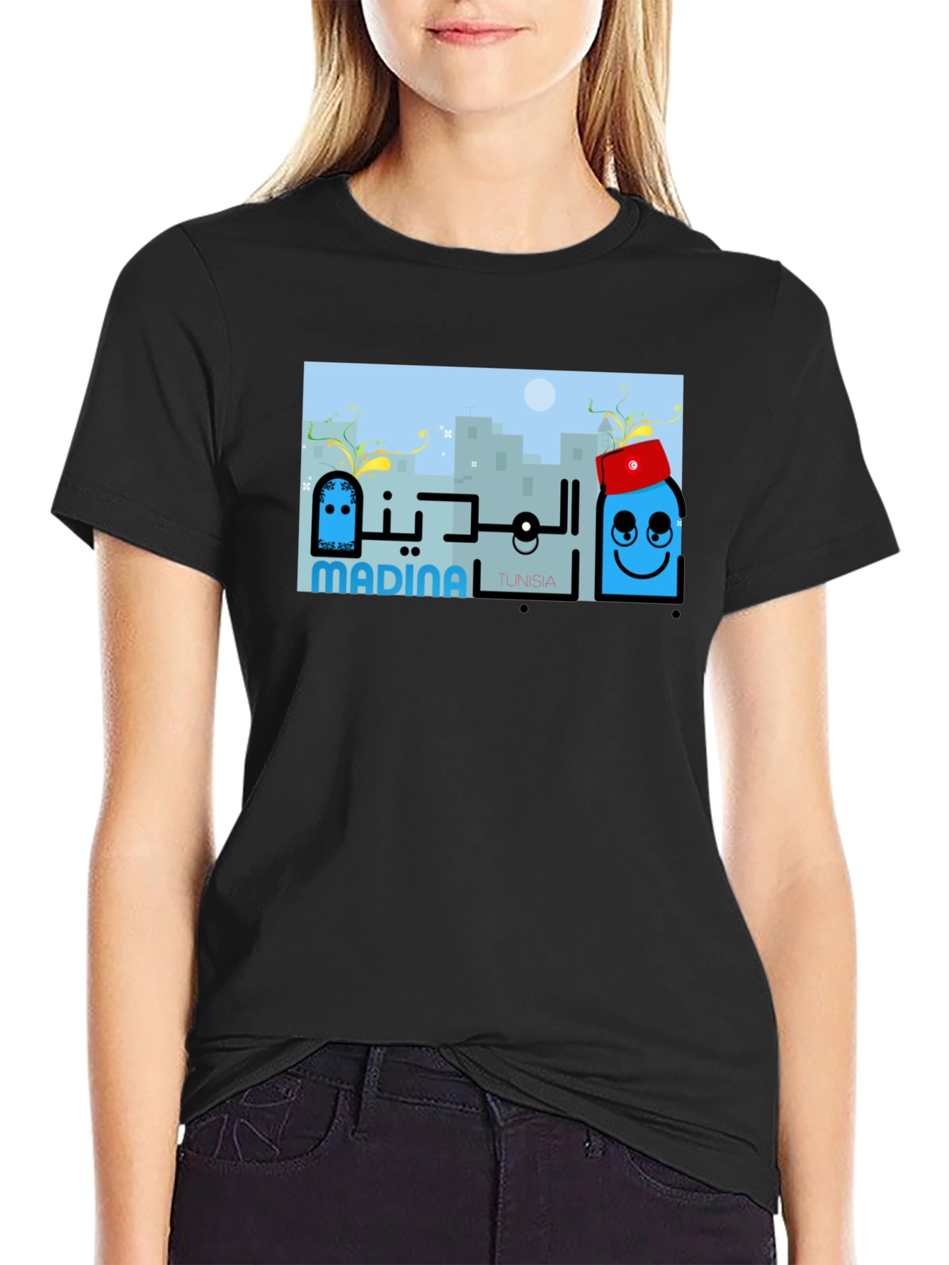 Black Madina Tunisia Graphic Tee - Cityscape T-Shirt view 2