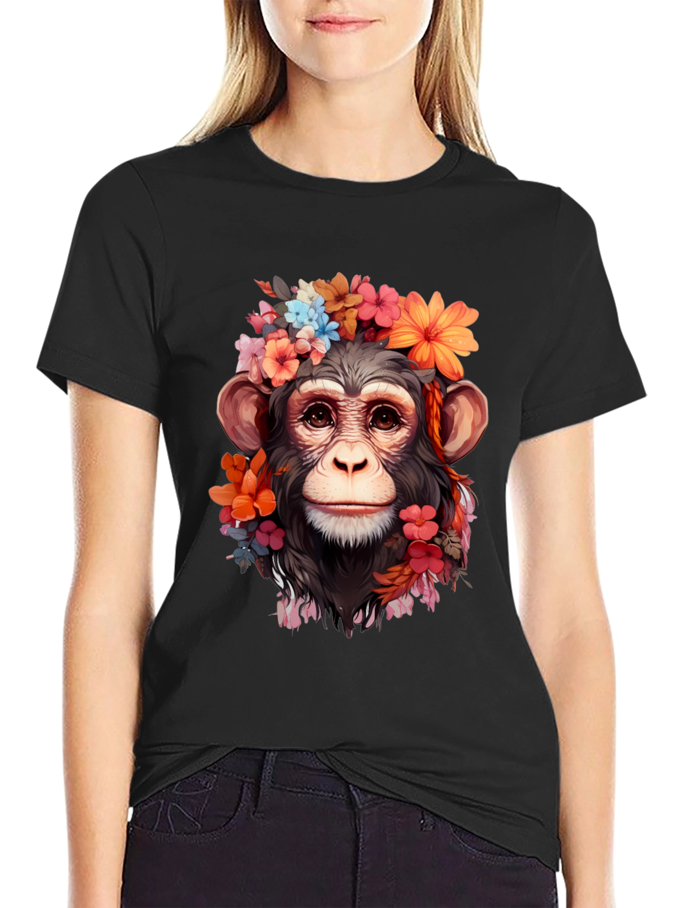 Black Floral Monkey T-Shirt - Unique Graphic Tee view 2