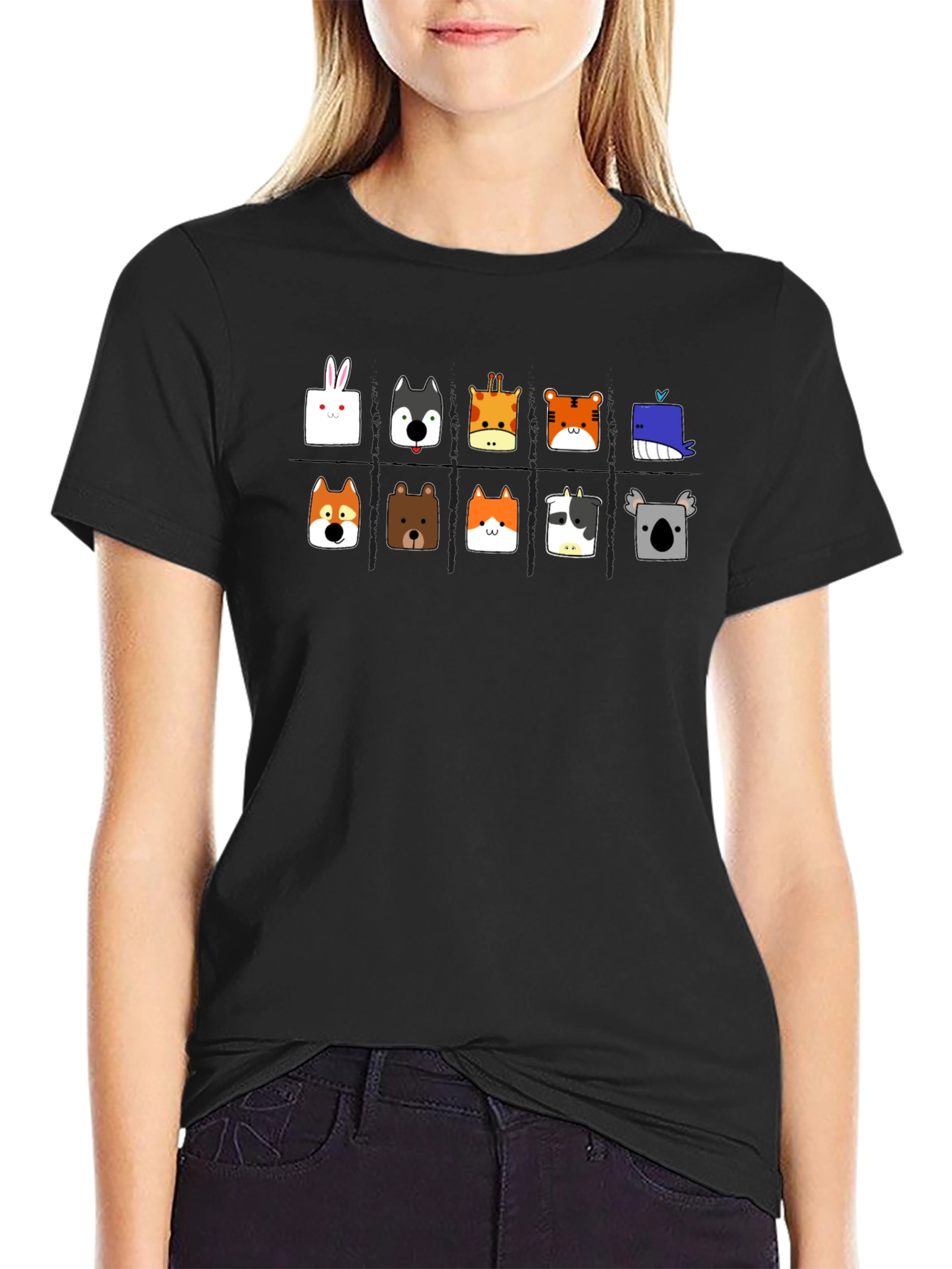 Black Cute Animal Faces Black T-Shirt view 2