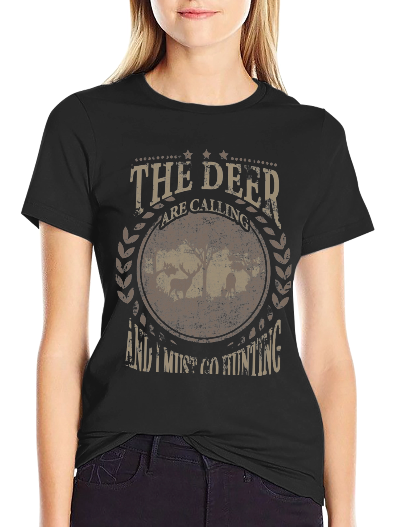 Black The Deer are Calling Hunting Graphic T-Shirt view 2