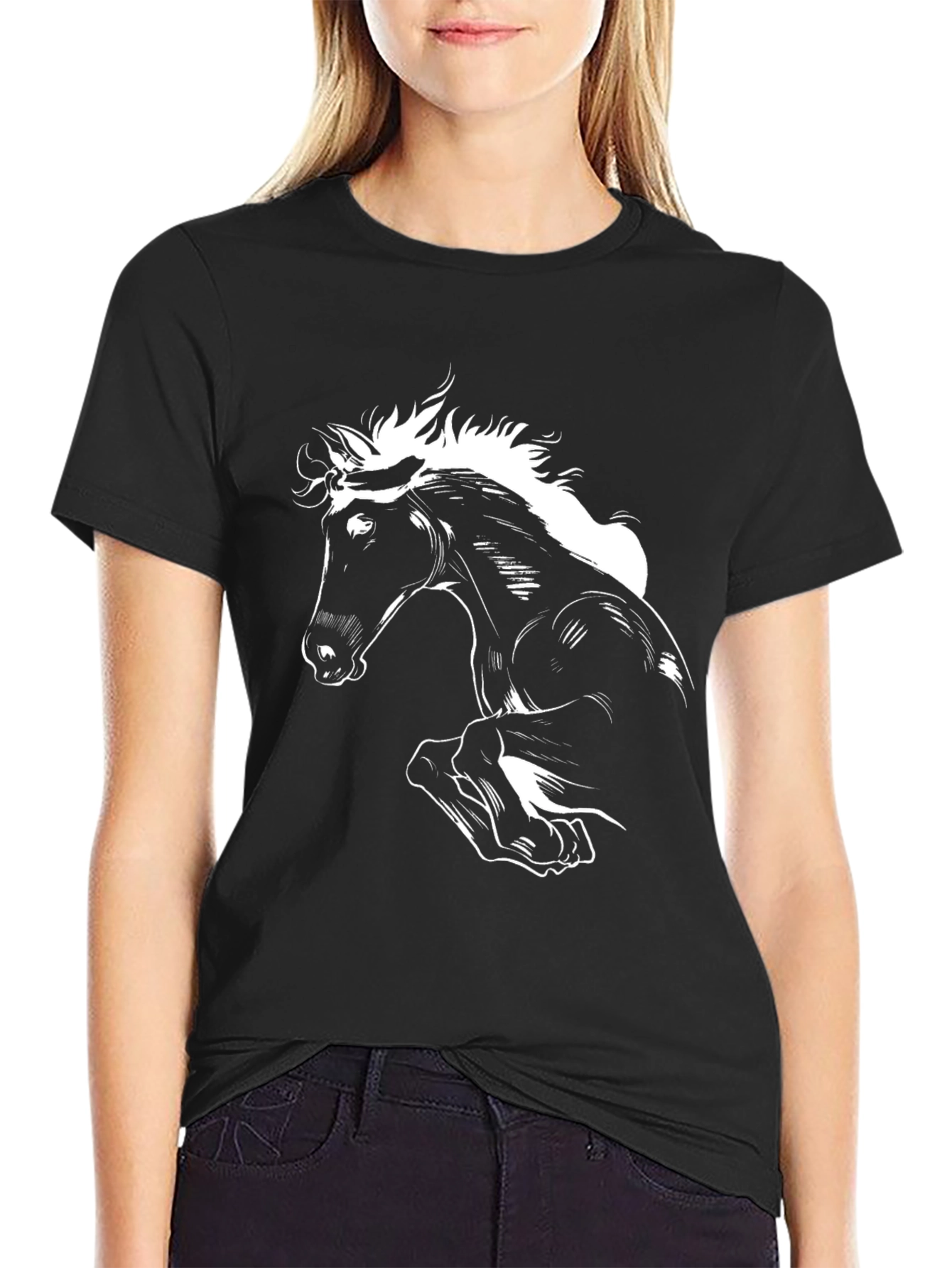 Black Black T-Shirt with White Horse Graphic Tee view 2