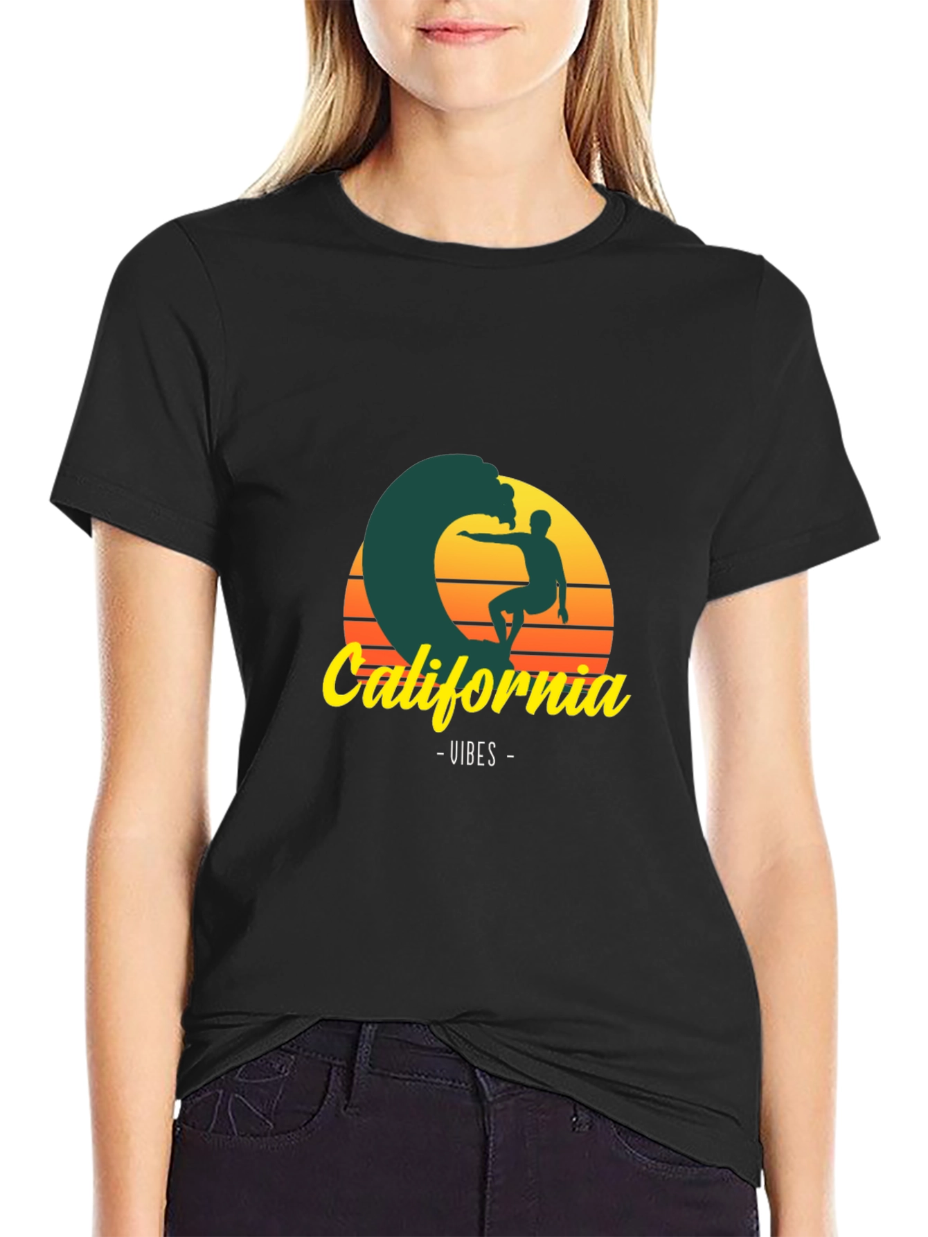 Black California Vibes Graphic Tee - Surfer T-Shirt view 2