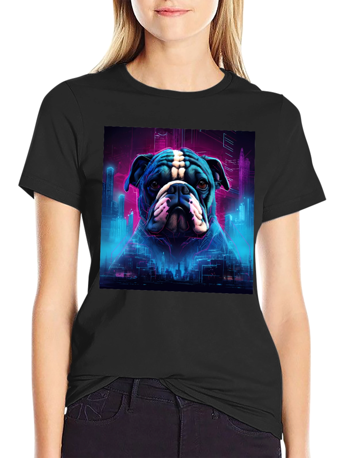 Black Cyberpunk Bulldog Graphic Tee view 2