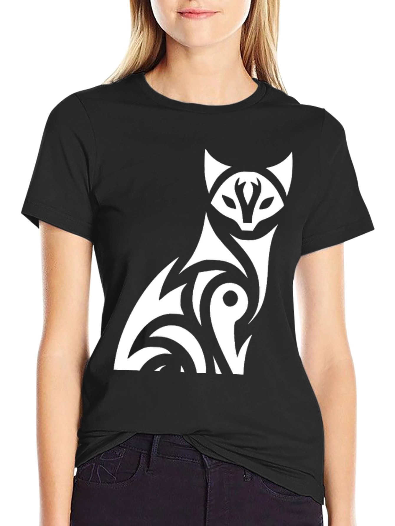 Black Tribal Fox Graphic Tee - Stylish Black T-Shirt view 2