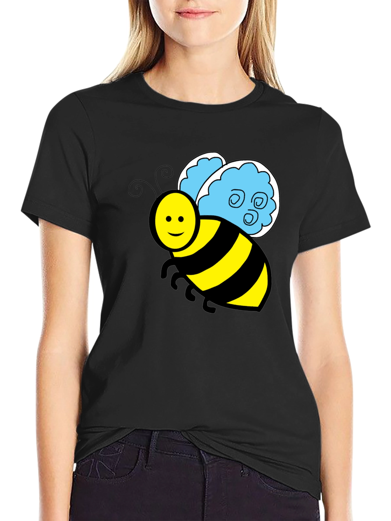 Black Cartoon Bee Graphic T-Shirt - Black Crew Neck Tee view 2