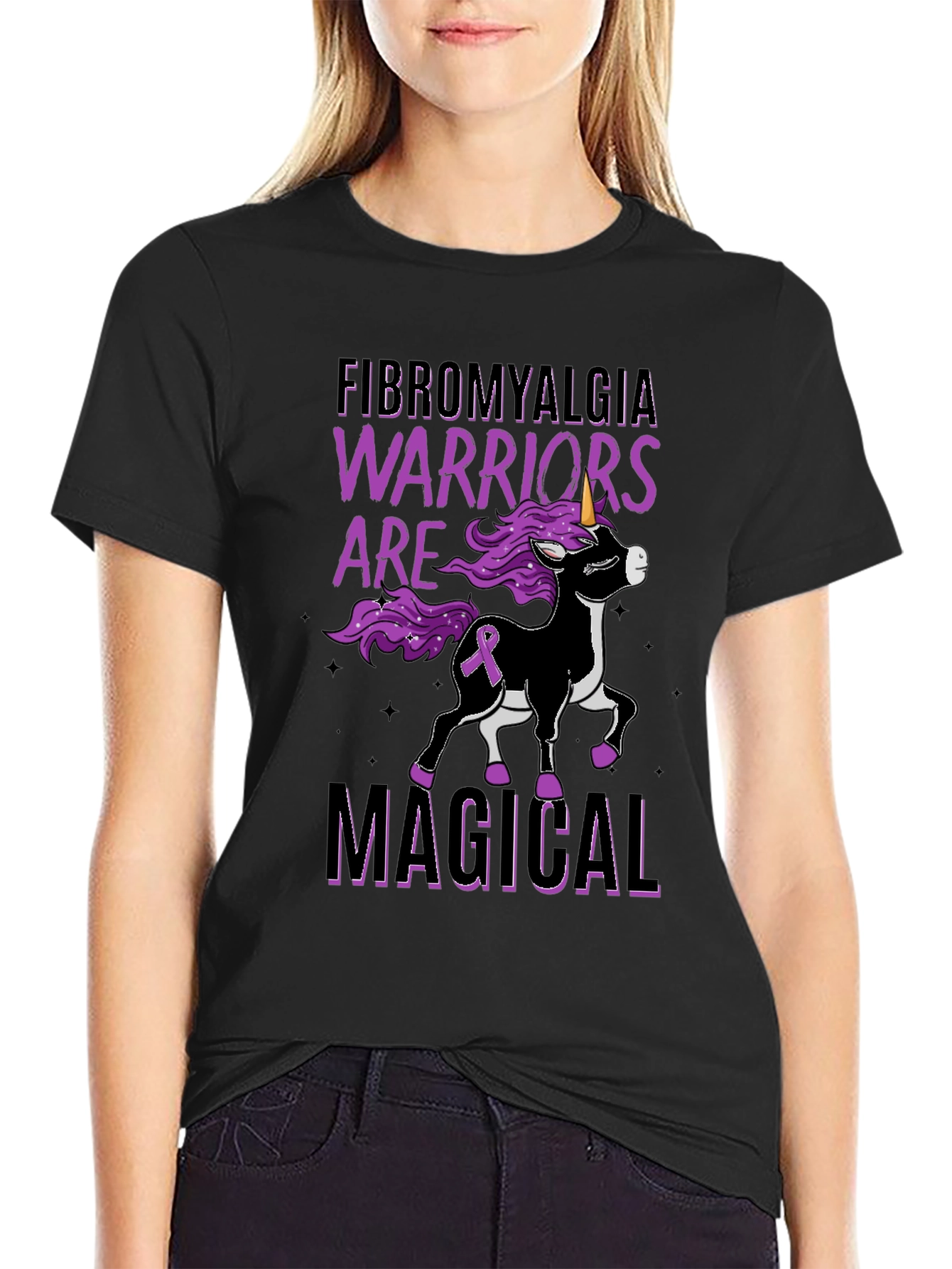 Black Fibromyalgia Warrior Unicorn Black T-Shirt view 2