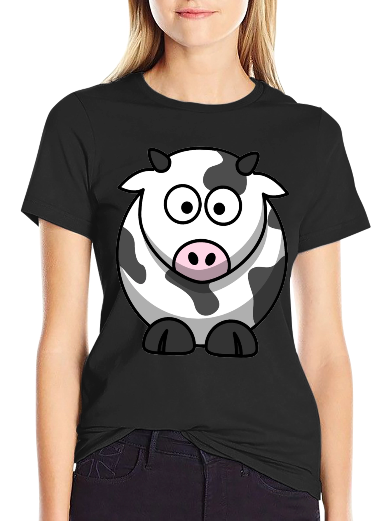 Black Cartoon Cow Graphic Tee - Black Cotton Comfort view 2