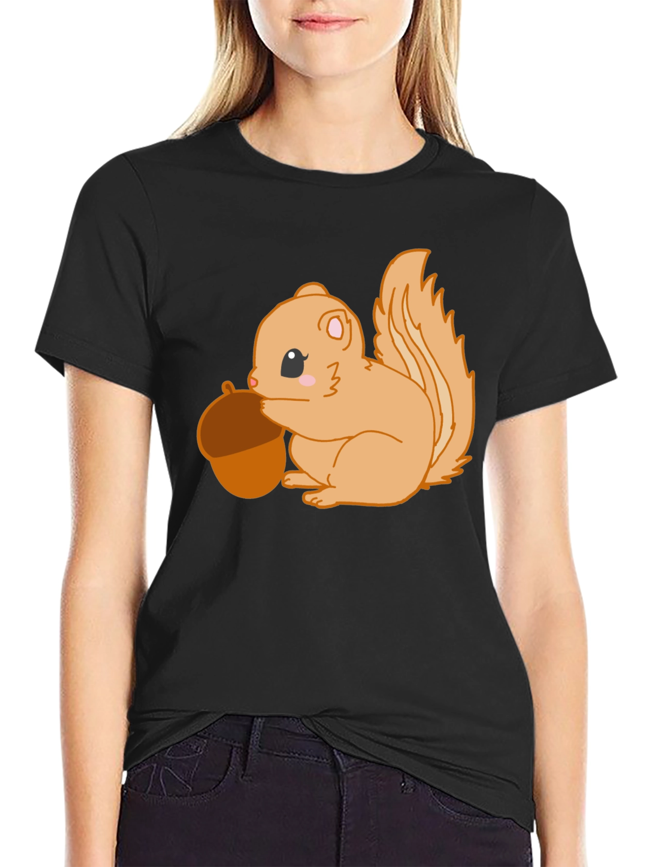 Black Cute Squirrel Holding Acorn Graphic Tee - Black view 2